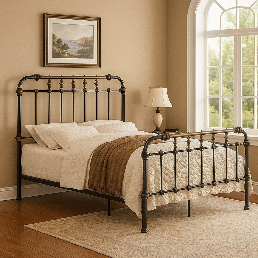 Benzara Curved Headboard Metal Full Size Bed with Spindles, Black And Gold