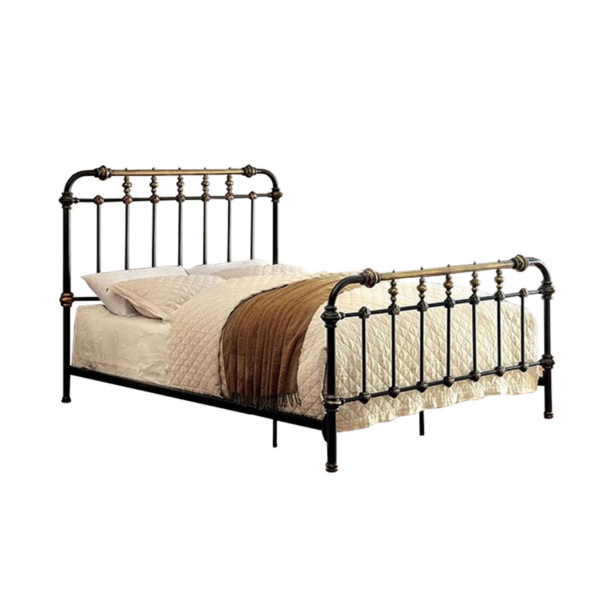 Benzara Curved Headboard Metal Full Size Bed with Spindles, Black And Gold