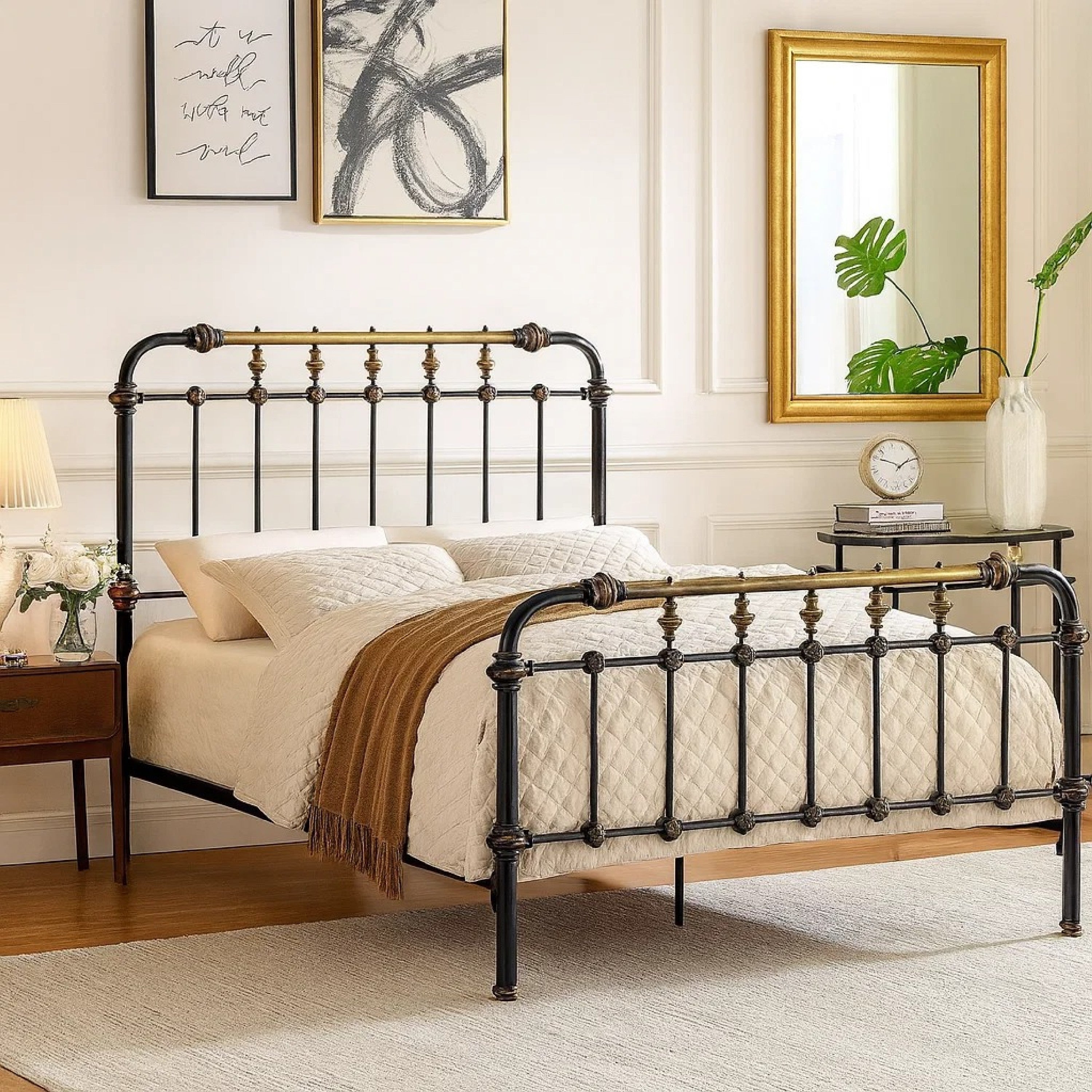Benzara Classic Metal Twin Bed with gold accents, Black