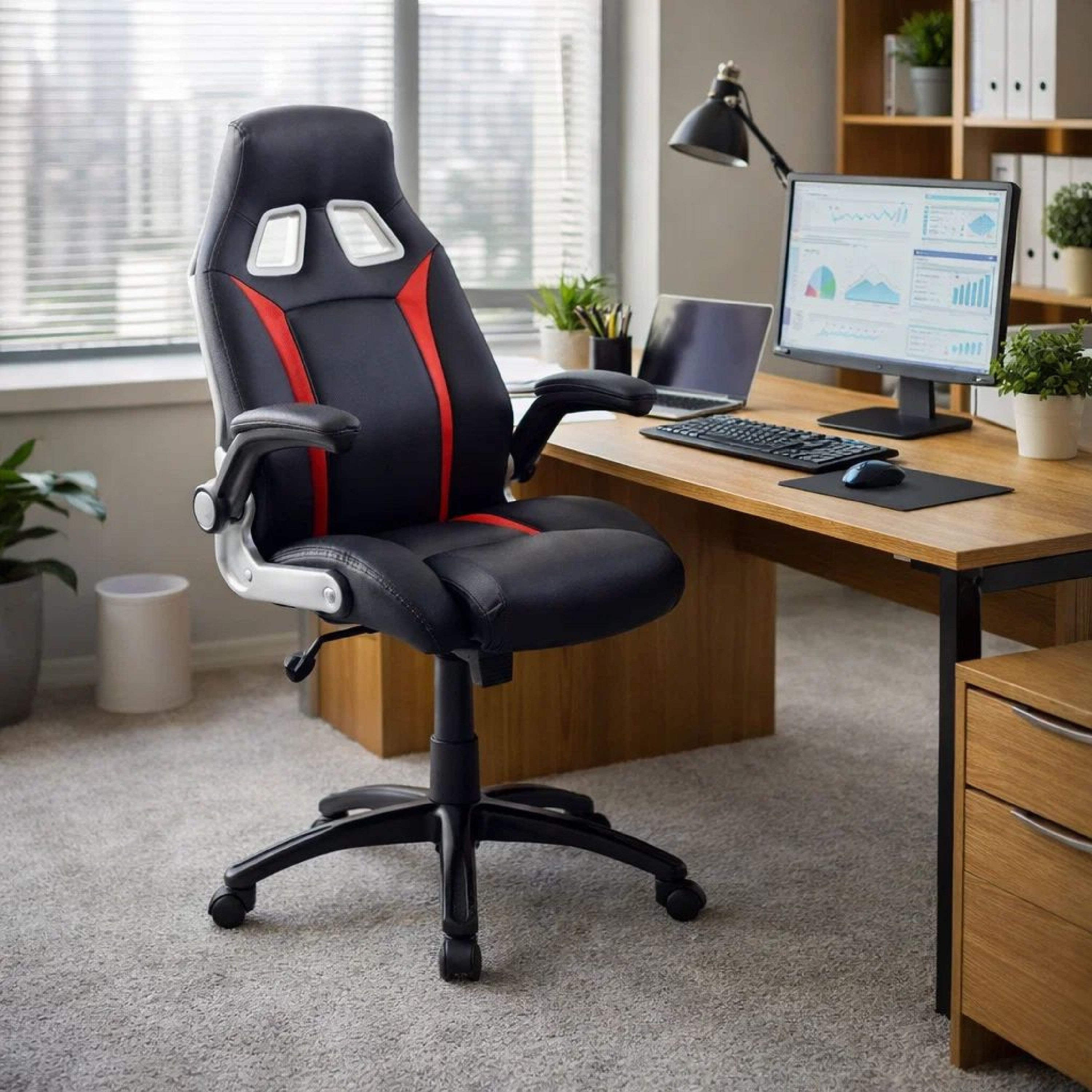 Benzara Leatherette Gaming Chair with Padded Armrests And Adjustable Height, Black