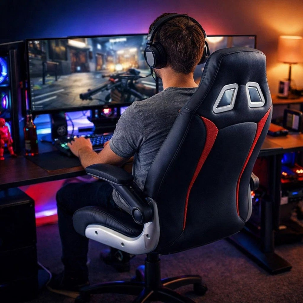 Benzara Leatherette Gaming Chair with Padded Armrests And Adjustable Height, Black
