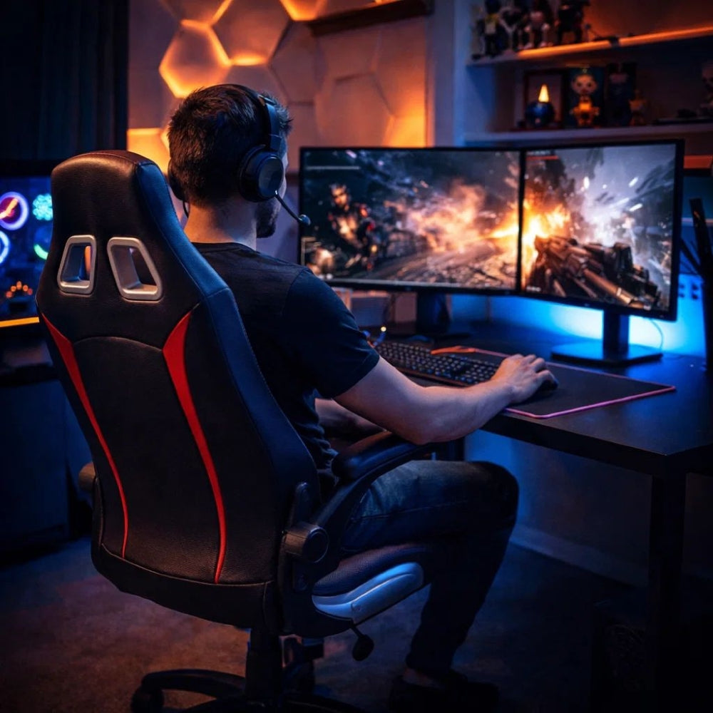 Benzara Leatherette Gaming Chair with Padded Armrests And Adjustable Height, Black