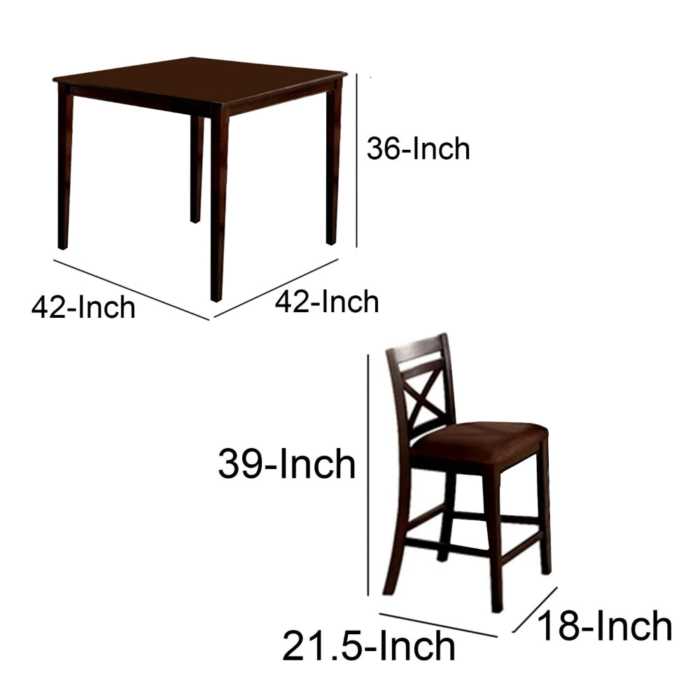 Benzara 5 Piece Wooden Counter Height Table with Crossback Chairs, Espresso Brown