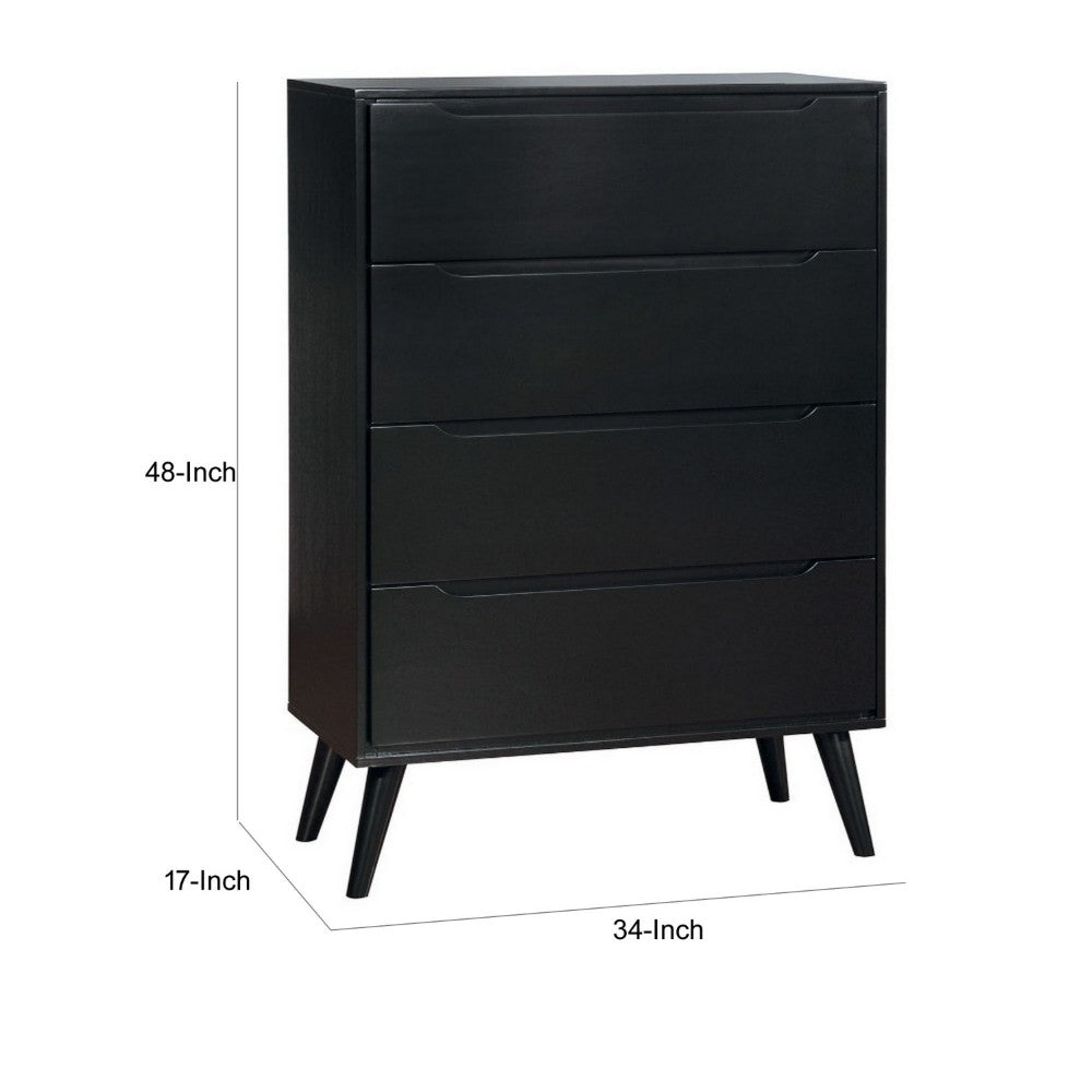Benzara 4 Drawer Wooden Chest With Round Tapered Legs, Black