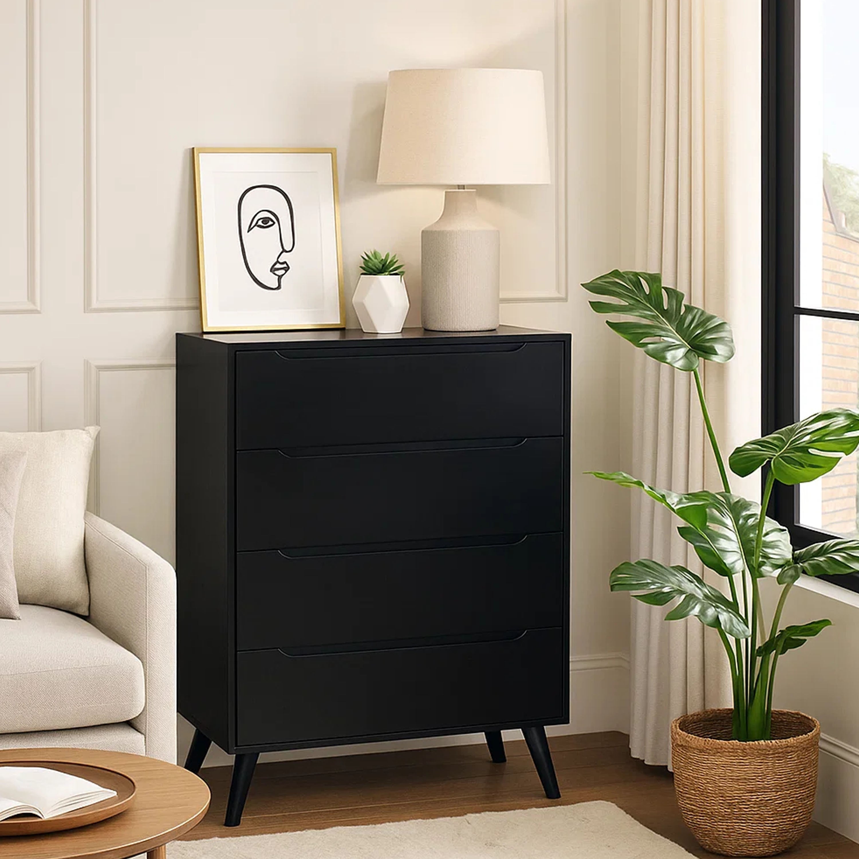 Benzara 4 Drawer Wooden Chest With Round Tapered Legs, Black