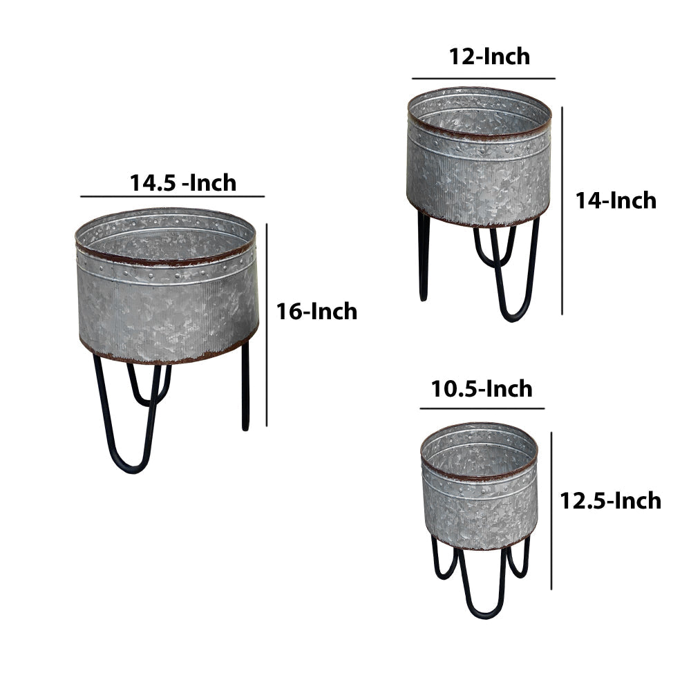 A and B Home Galvanized Sheet Planter Tubs, Iron Powder Coated Hairpin Legs, Set of 3, Gray, Black