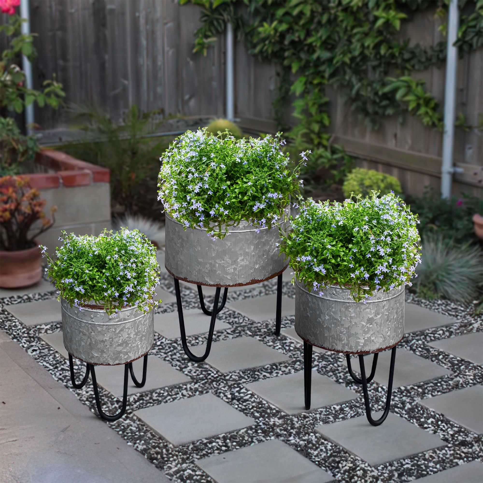A and B Home Galvanized Sheet Planter Tubs, Iron Powder Coated Hairpin Legs, Set of 3, Gray, Black