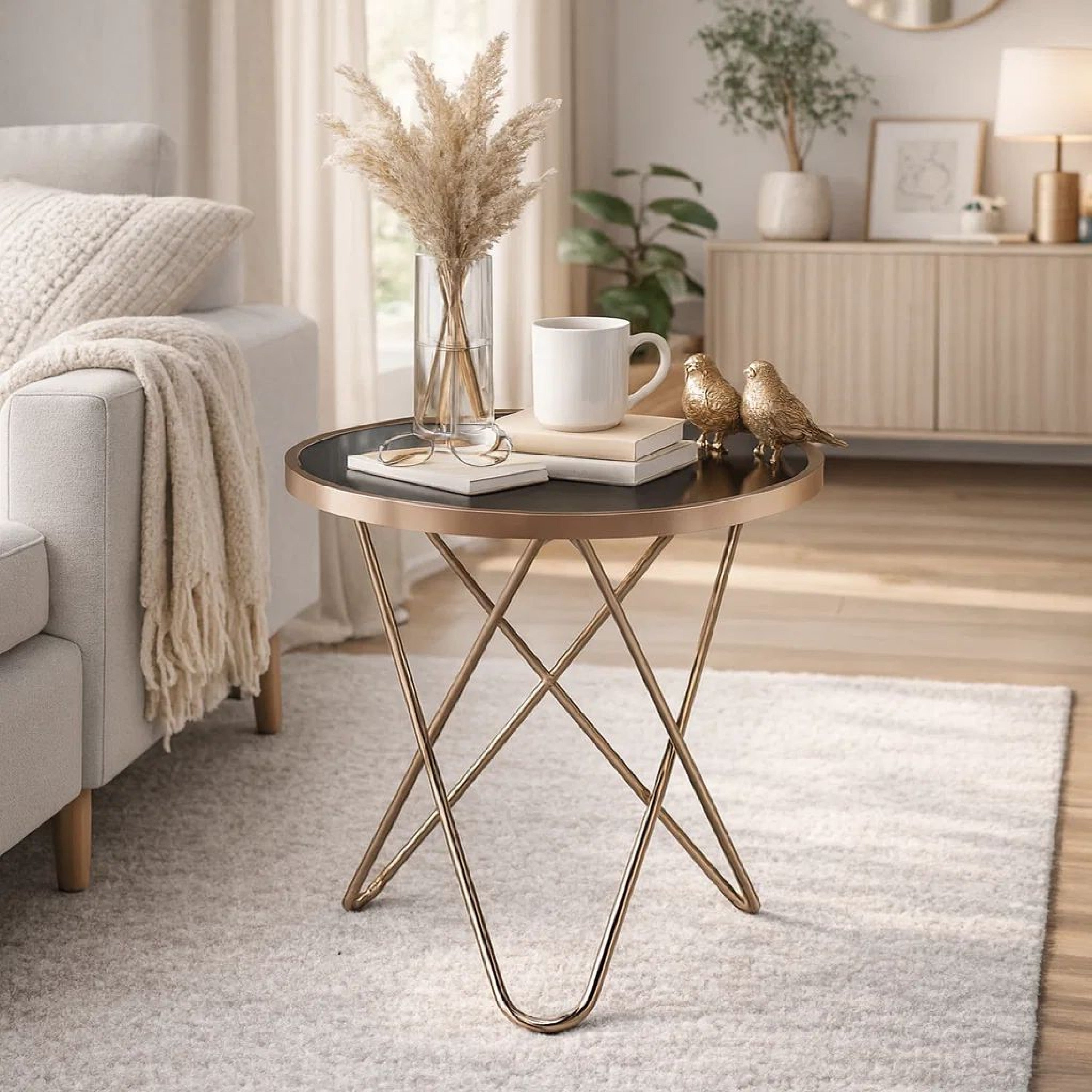 ACME Valora End Table, Black Glass & Champagne