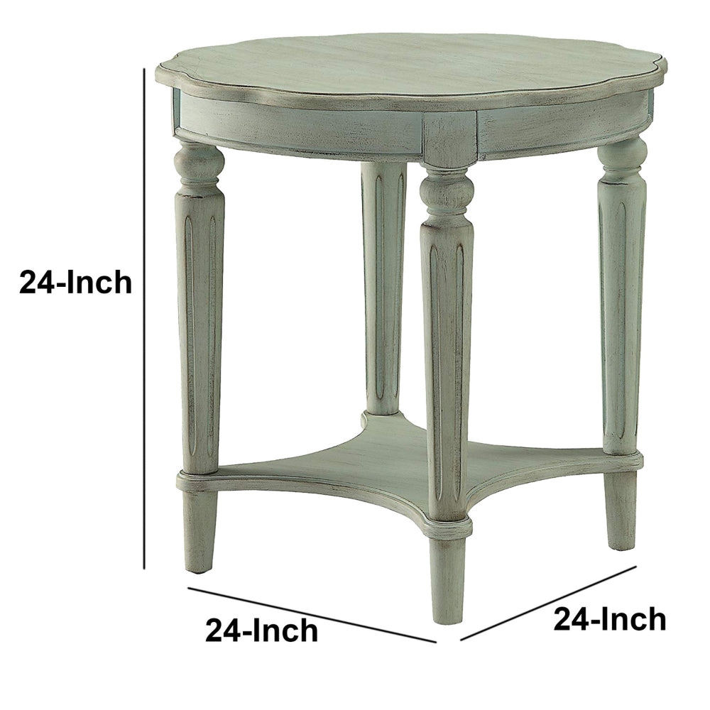 ACME Fordon Wooden End Table, Scalloped Round Top, French Antique White Finish