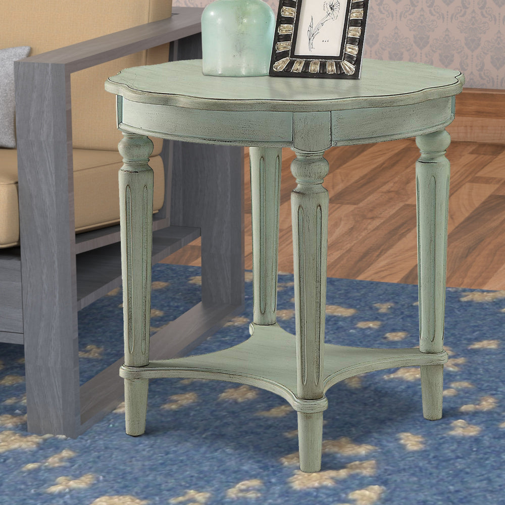 ACME Fordon Wooden End Table, Scalloped Round Top, French Antique White Finish