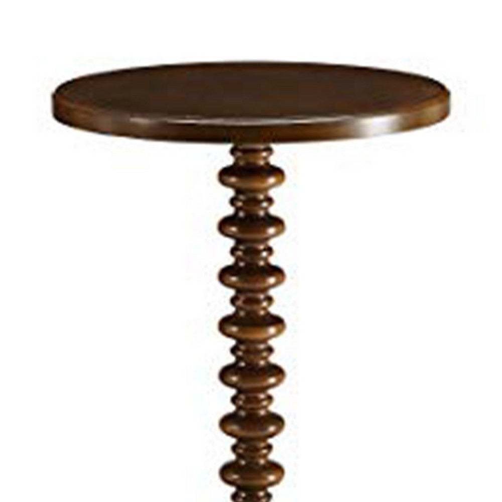 ACME 17 Inch Round Wood Side Table, Turned Support, Walnut Brown