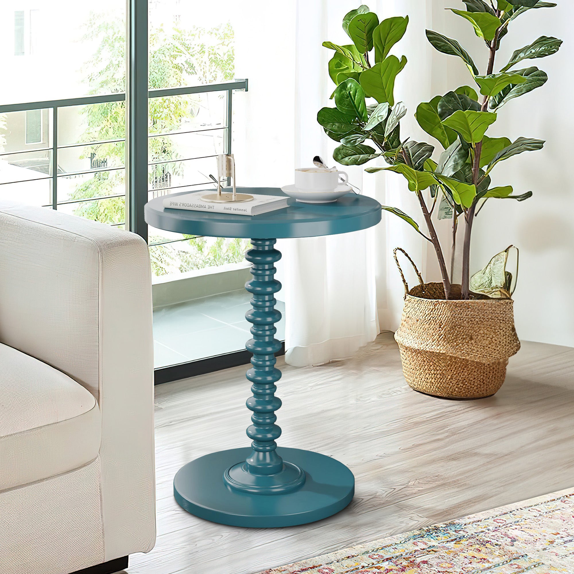 ACME Astonishing Side Table With Round Top, Teal Blue