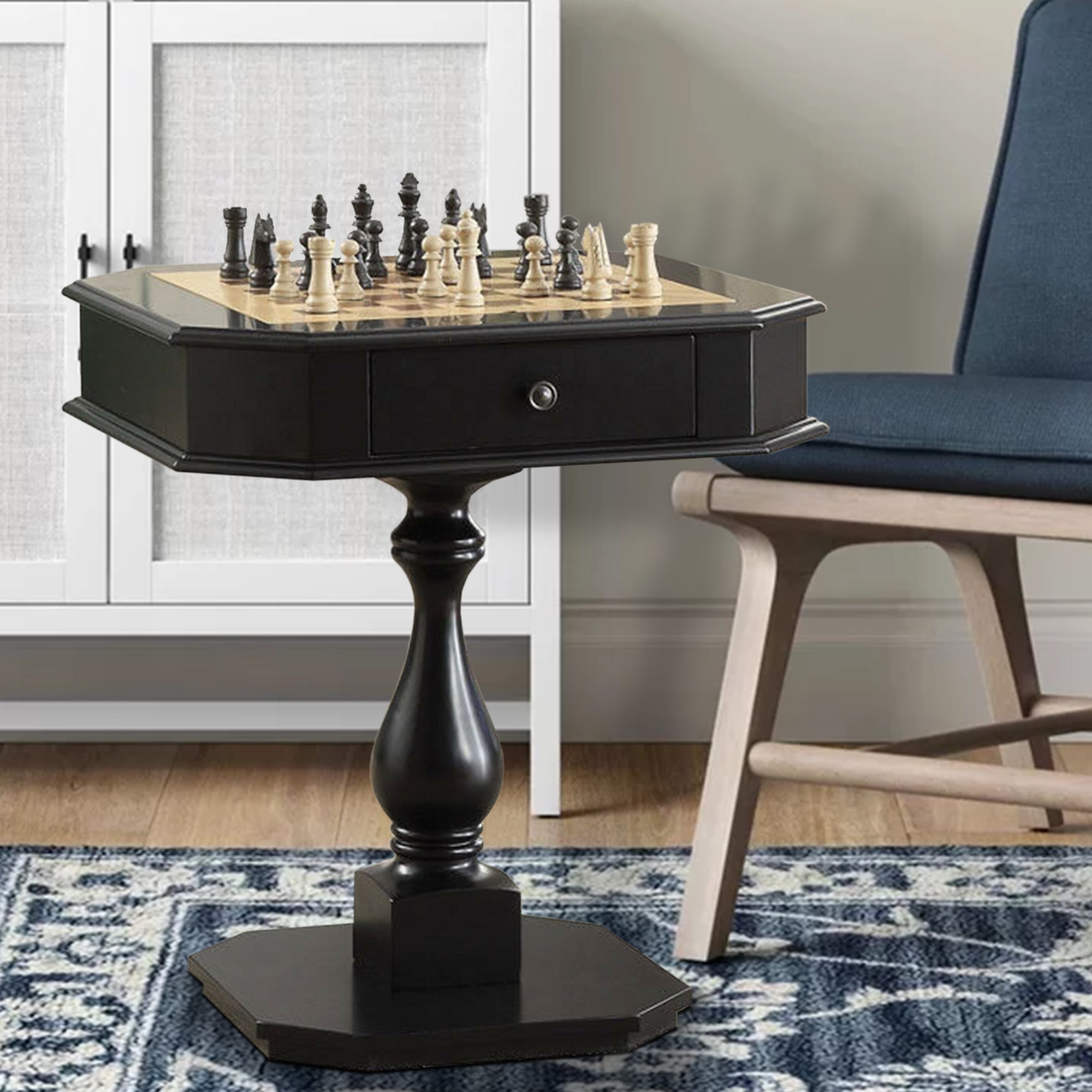 ACME Wooden Chess Game TableWith One Drawer, Black