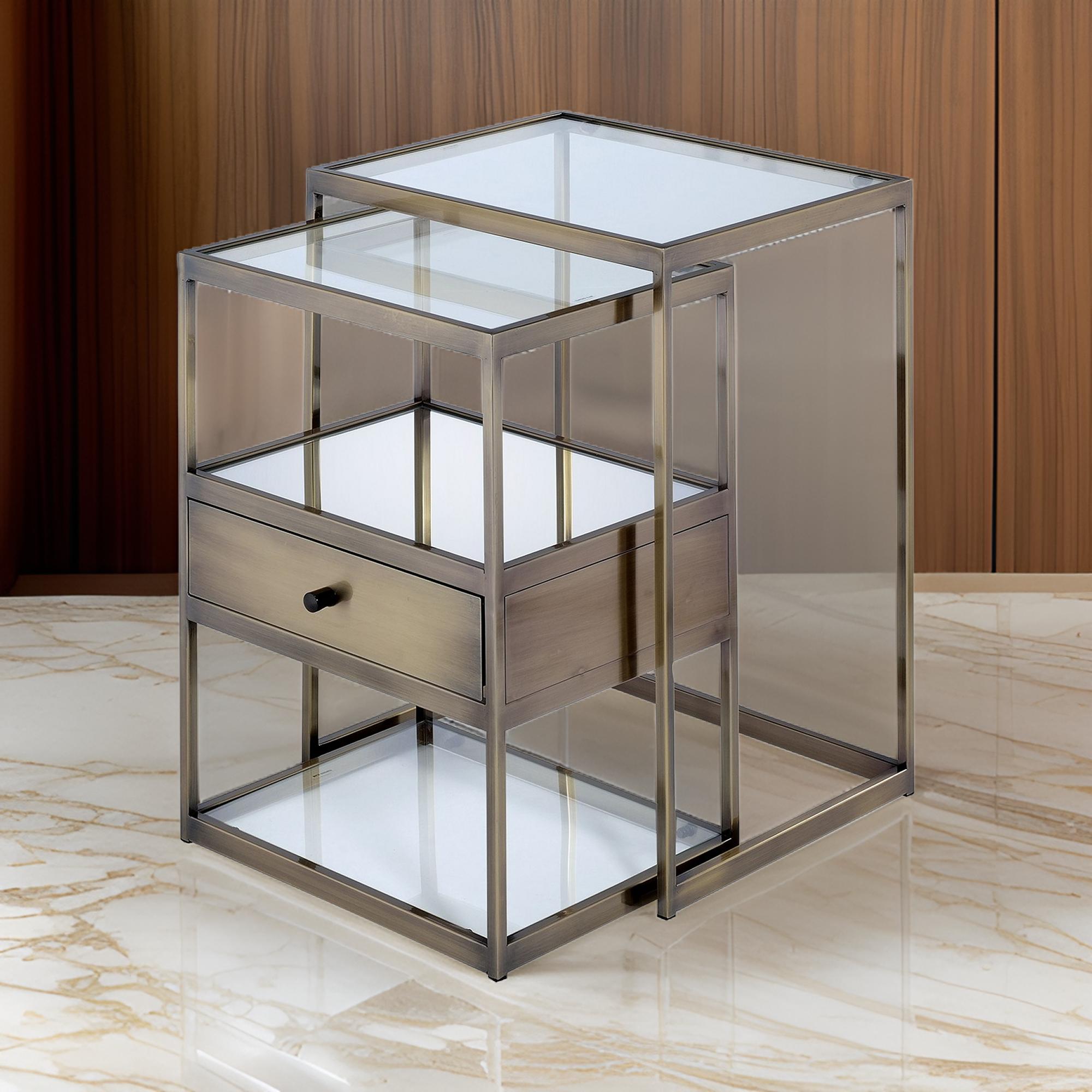 ACME Stylish Nesting Tables Set, Clear Glass & Brass, 2 Piece Pack