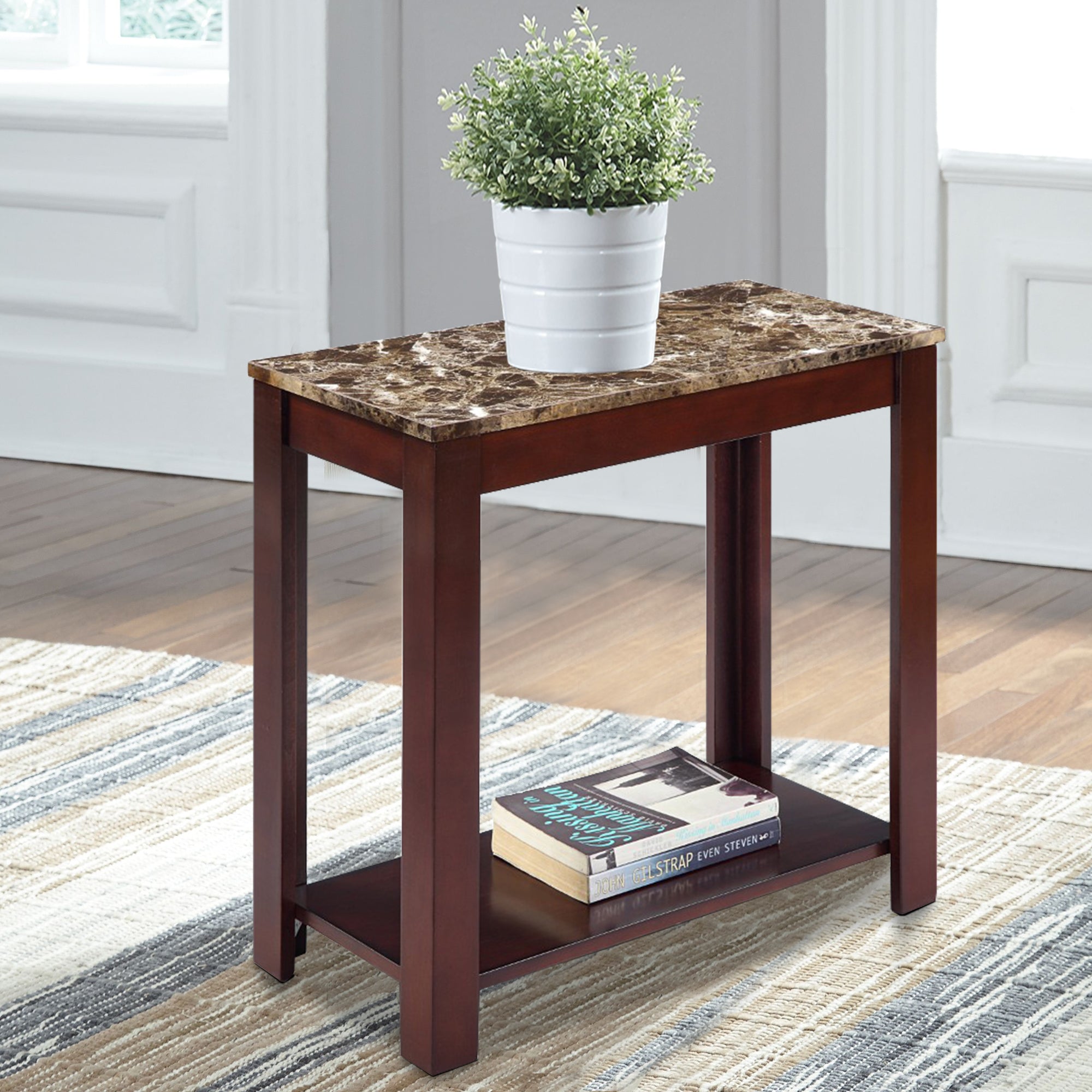 Crown Mark Impressive Chairside Table With Marble Top, Brown