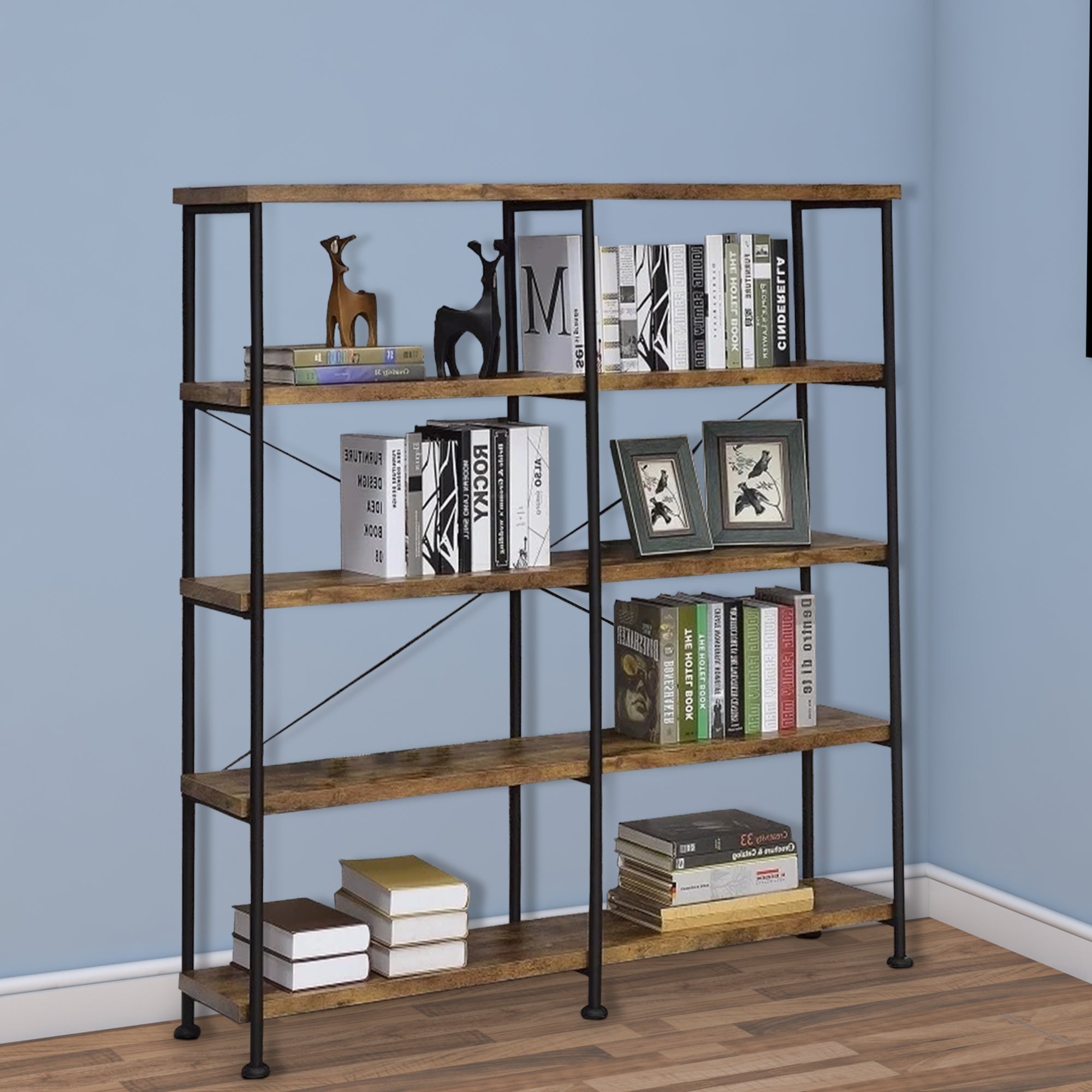 The Urban Port Olga 63 Inch Industrial 4 Tier Shelf Bookshelf, Particleboard, Metal Frame, Brown, Black