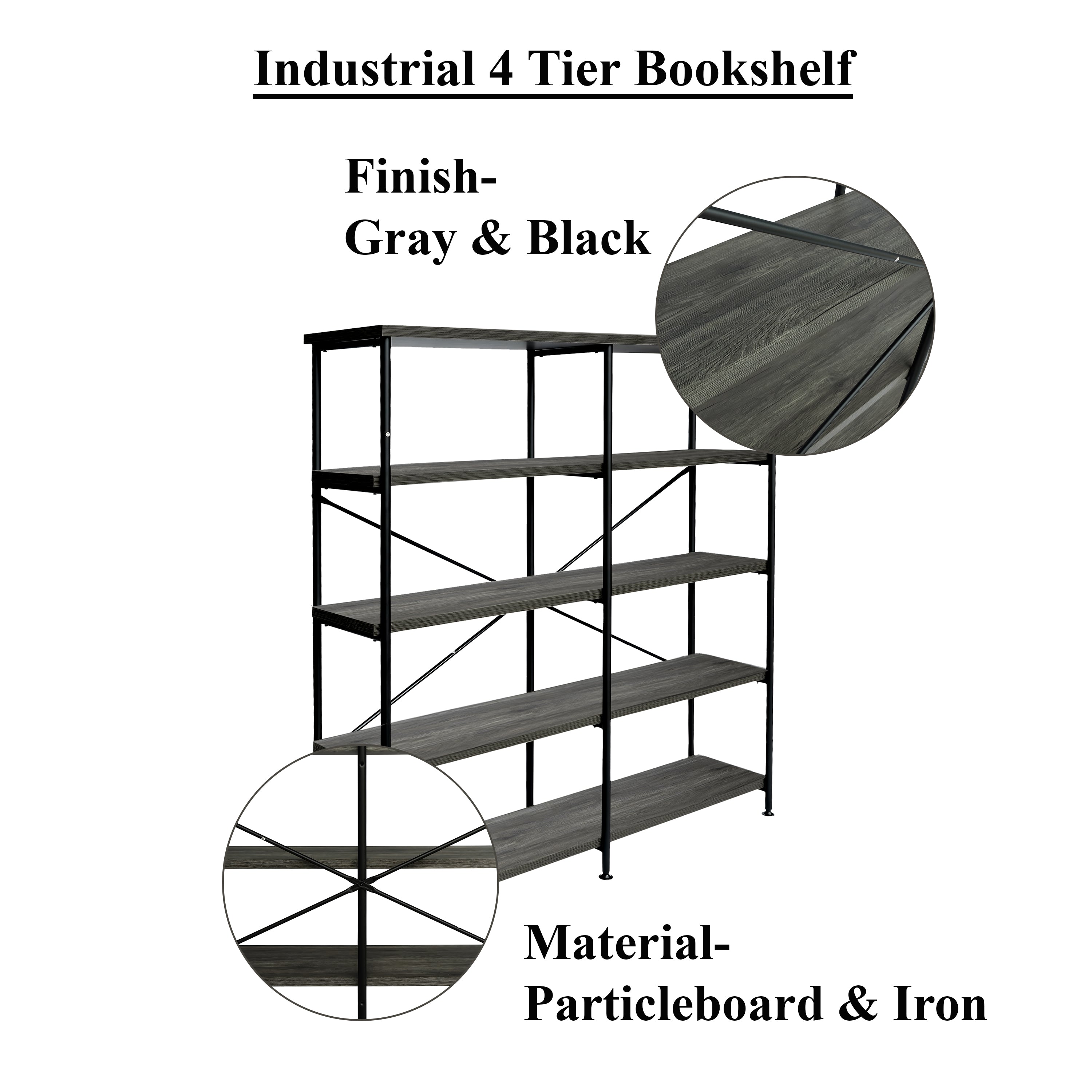 The Urban Port Olga 63 Inch Industrial 4 Tier Bookshelf, Particleboard, Metal Frame, Gray, Black