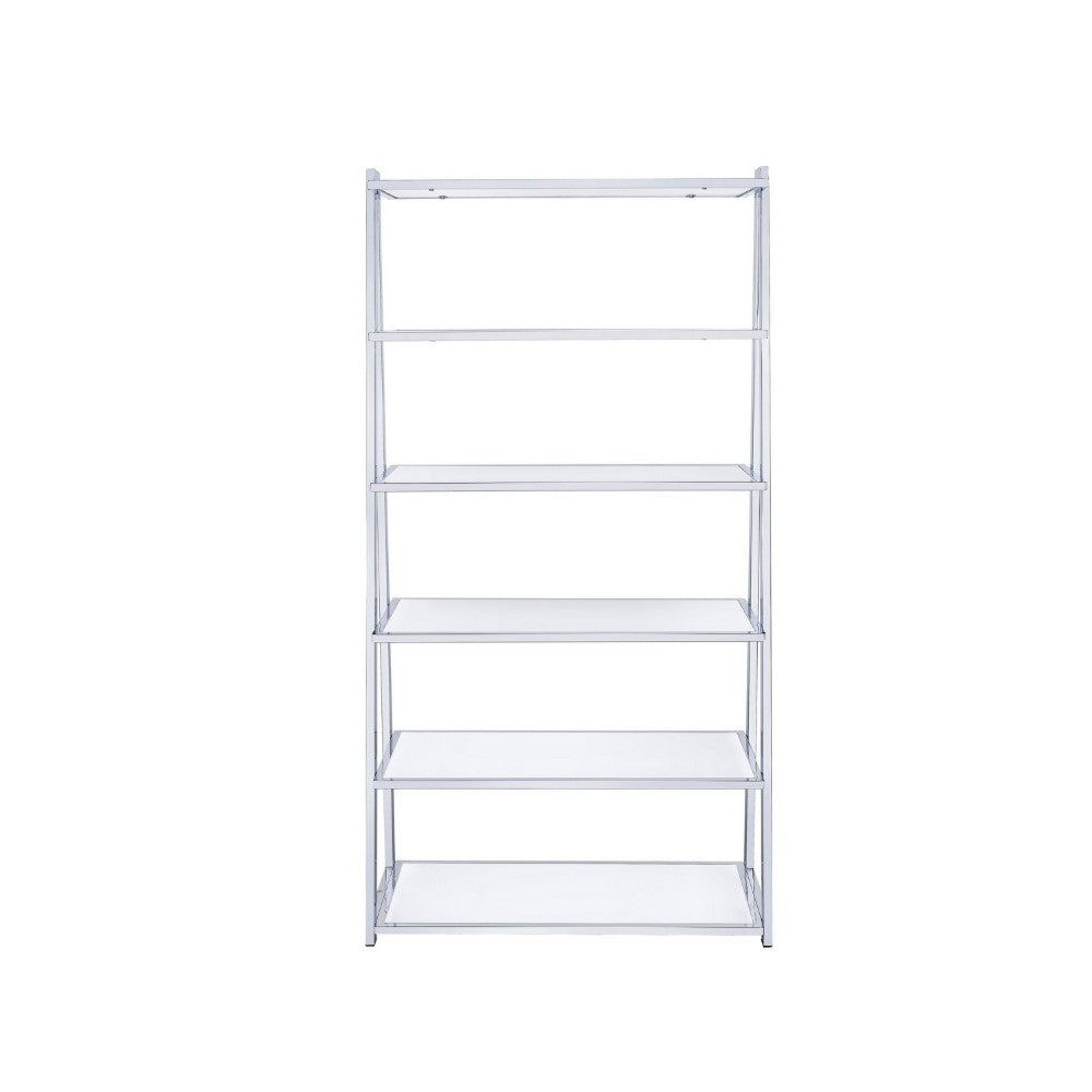 ACME Metal Rectangular Bookshelf, White High Gloss & Silver