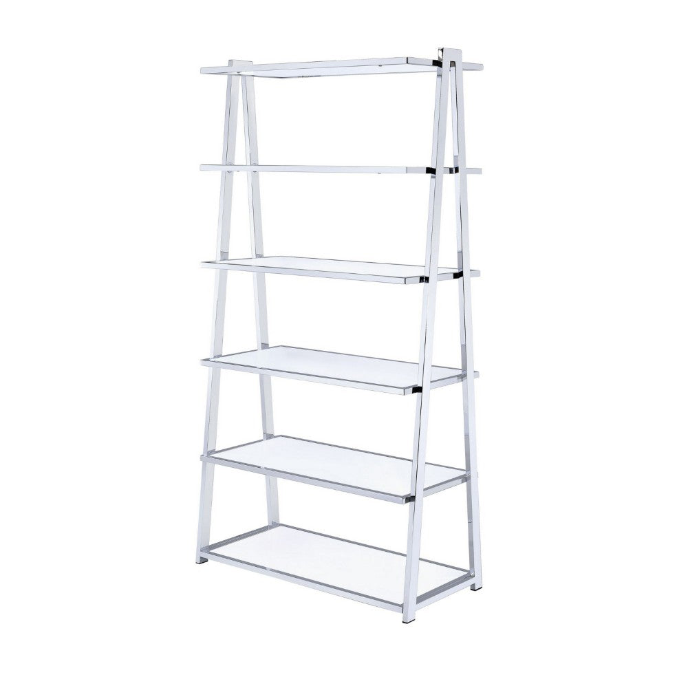 ACME Metal Rectangular Bookshelf, White High Gloss & Silver
