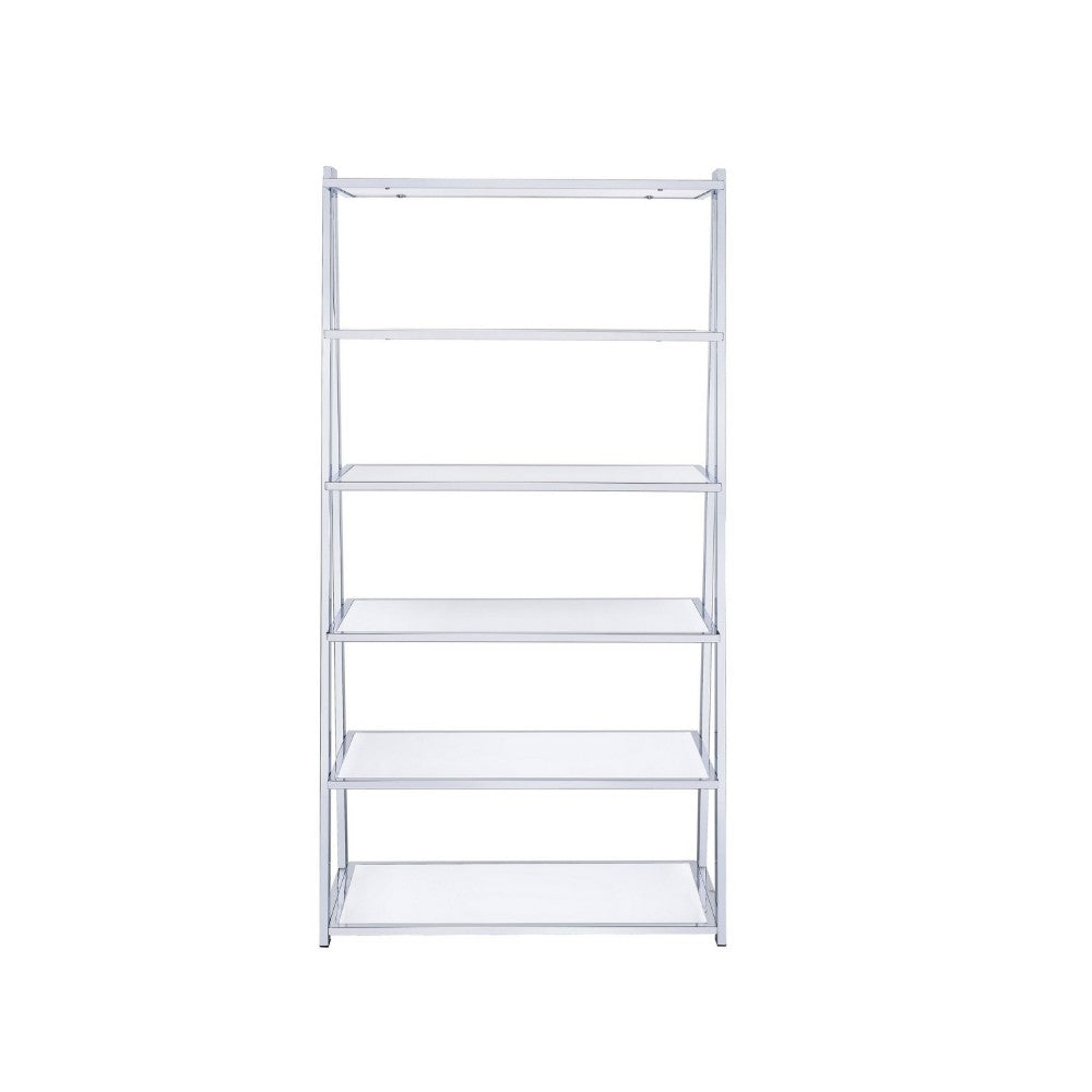 ACME Metal Rectangular Bookshelf, White High Gloss & Silver
