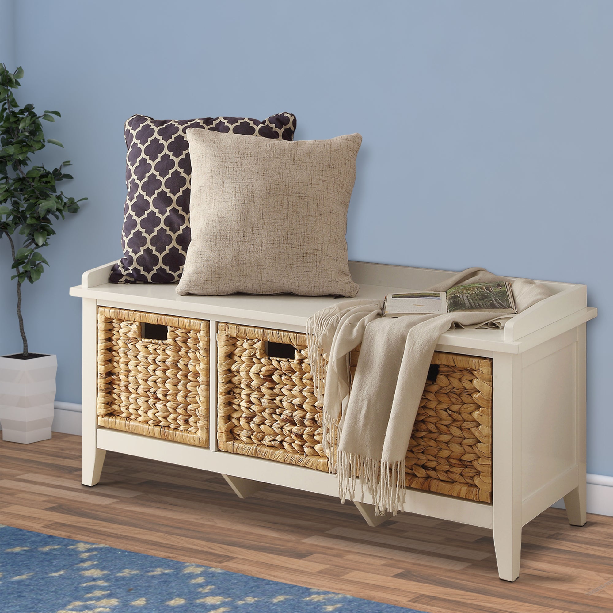 ACME Rectangular Wooden Bench with Storage Basket, White
