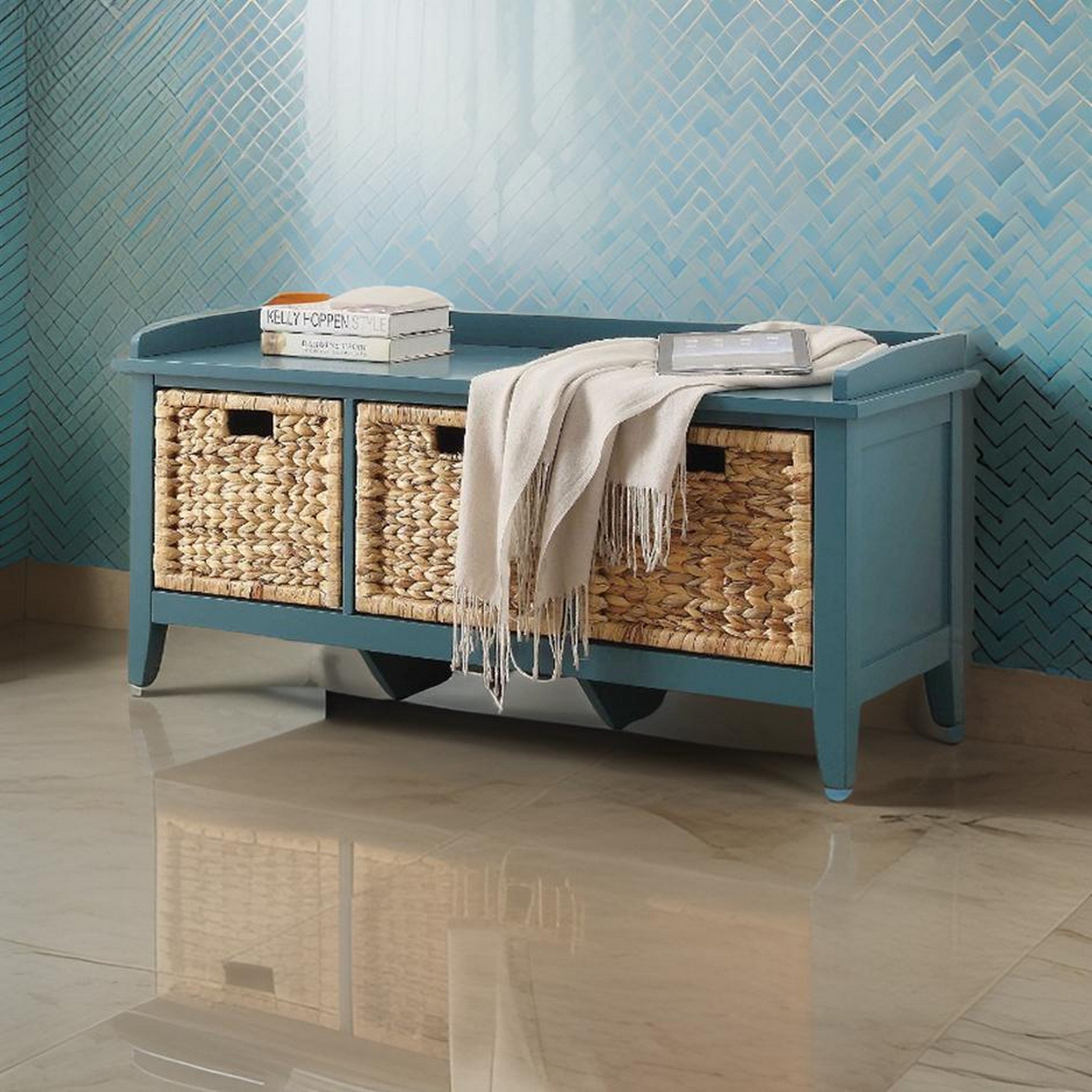ACME Rectangular Wooden Bench with Storage Basket, Blue