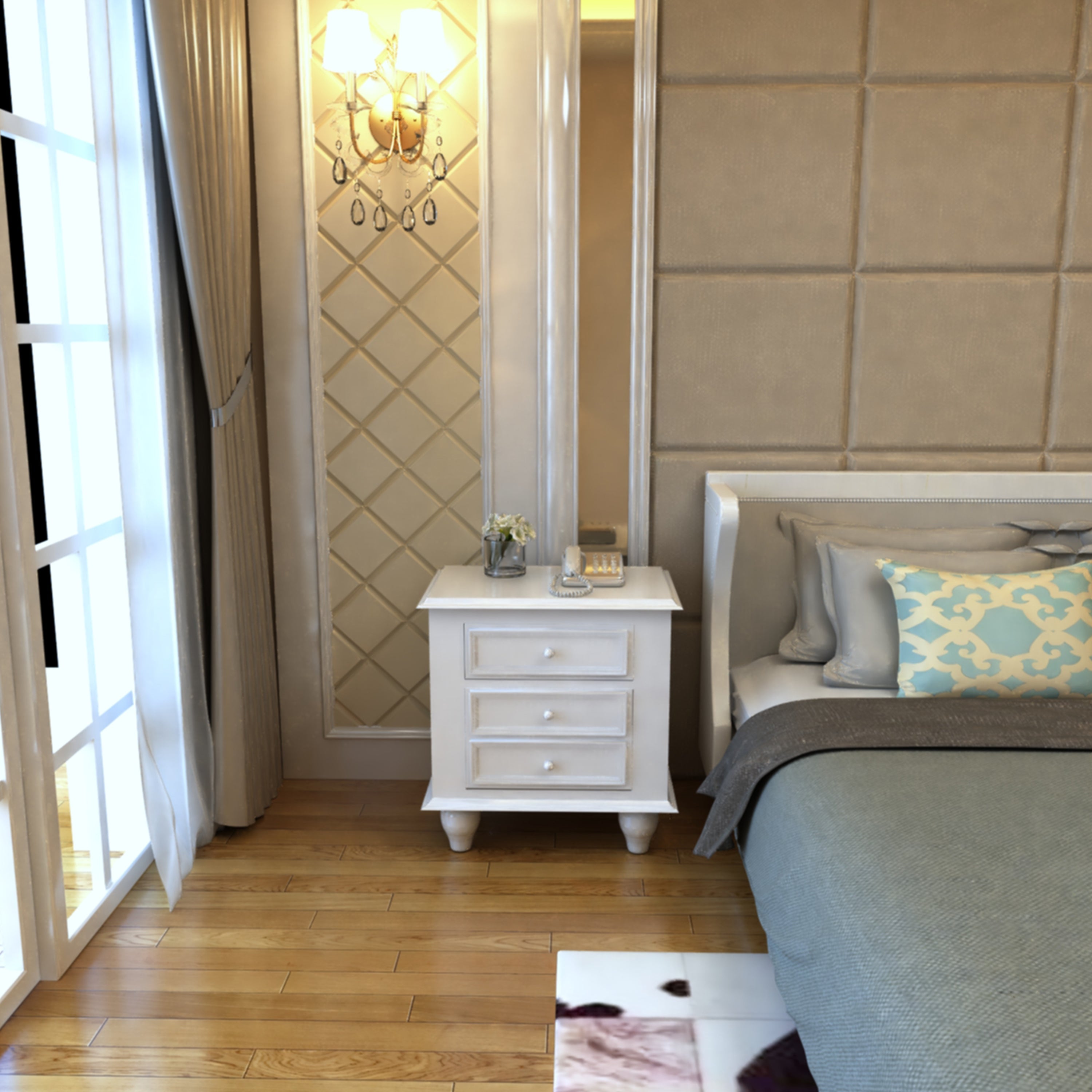 FOA Wholesale 28 Inch Bedside Nightstand, 2 Drawers with Classic Round Knobs, Handcrafted White Mango Wood