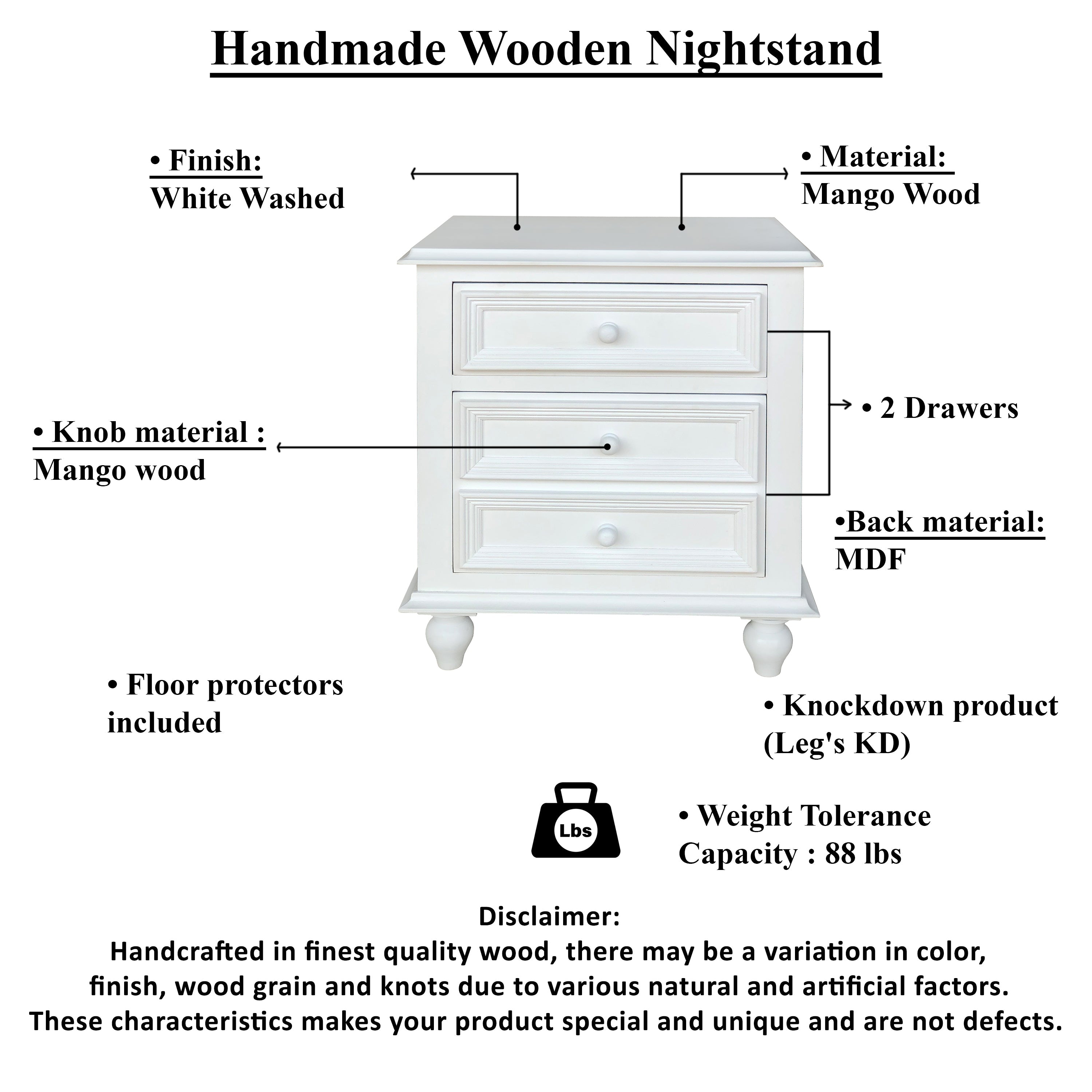 FOA Wholesale 28 Inch Bedside Nightstand, 2 Drawers with Classic Round Knobs, Handcrafted White Mango Wood