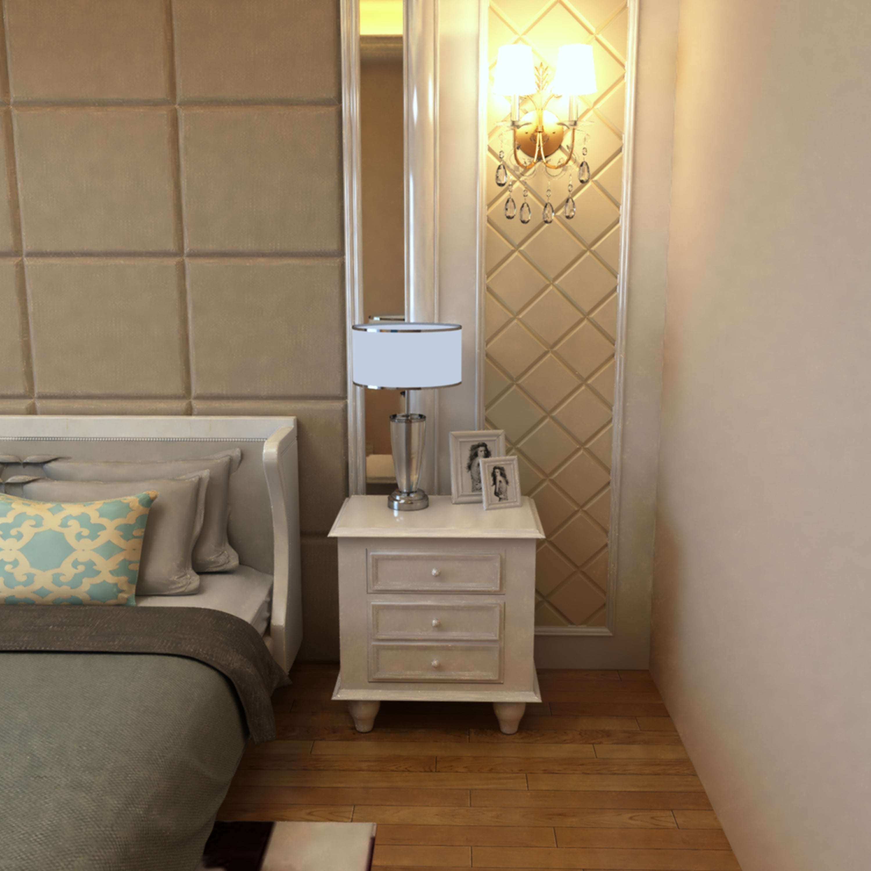 FOA Wholesale 28 Inch Bedside Nightstand, 2 Drawers with Classic Round Knobs, Handcrafted White Mango Wood