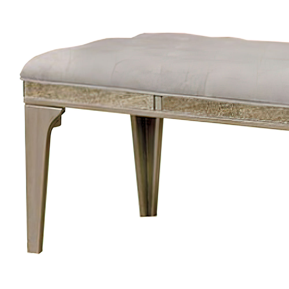 FOA Wholesale 51 Inch Wood Bench, Cushioned Seat, Tapered Legs Support, Gray, Champagne Silver