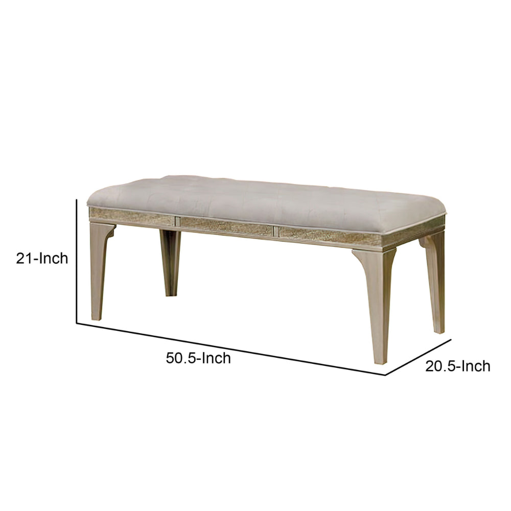 FOA Wholesale 51 Inch Wood Bench, Cushioned Seat, Tapered Legs Support, Gray, Champagne Silver