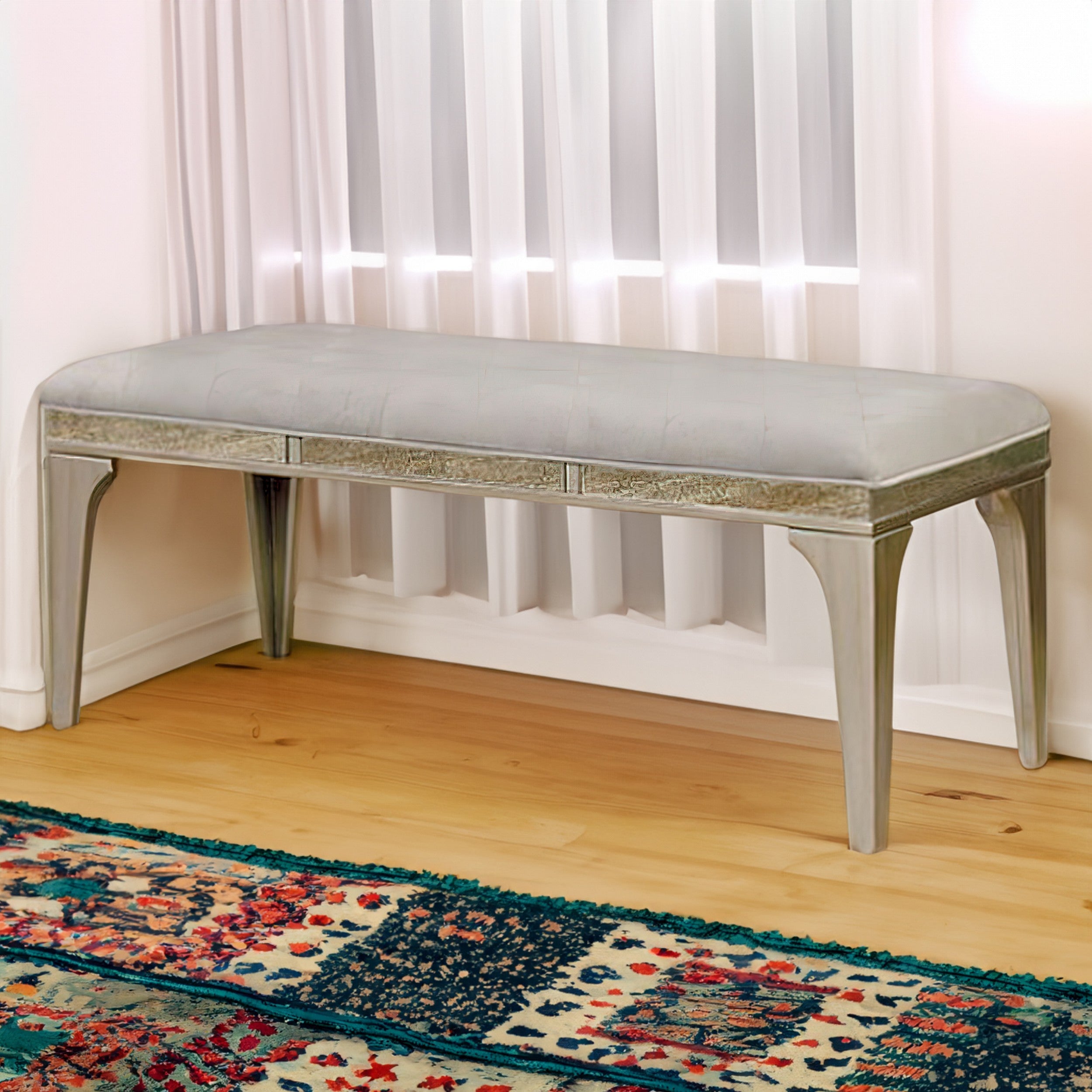 FOA Wholesale 51 Inch Wood Bench, Cushioned Seat, Tapered Legs Support, Gray, Champagne Silver
