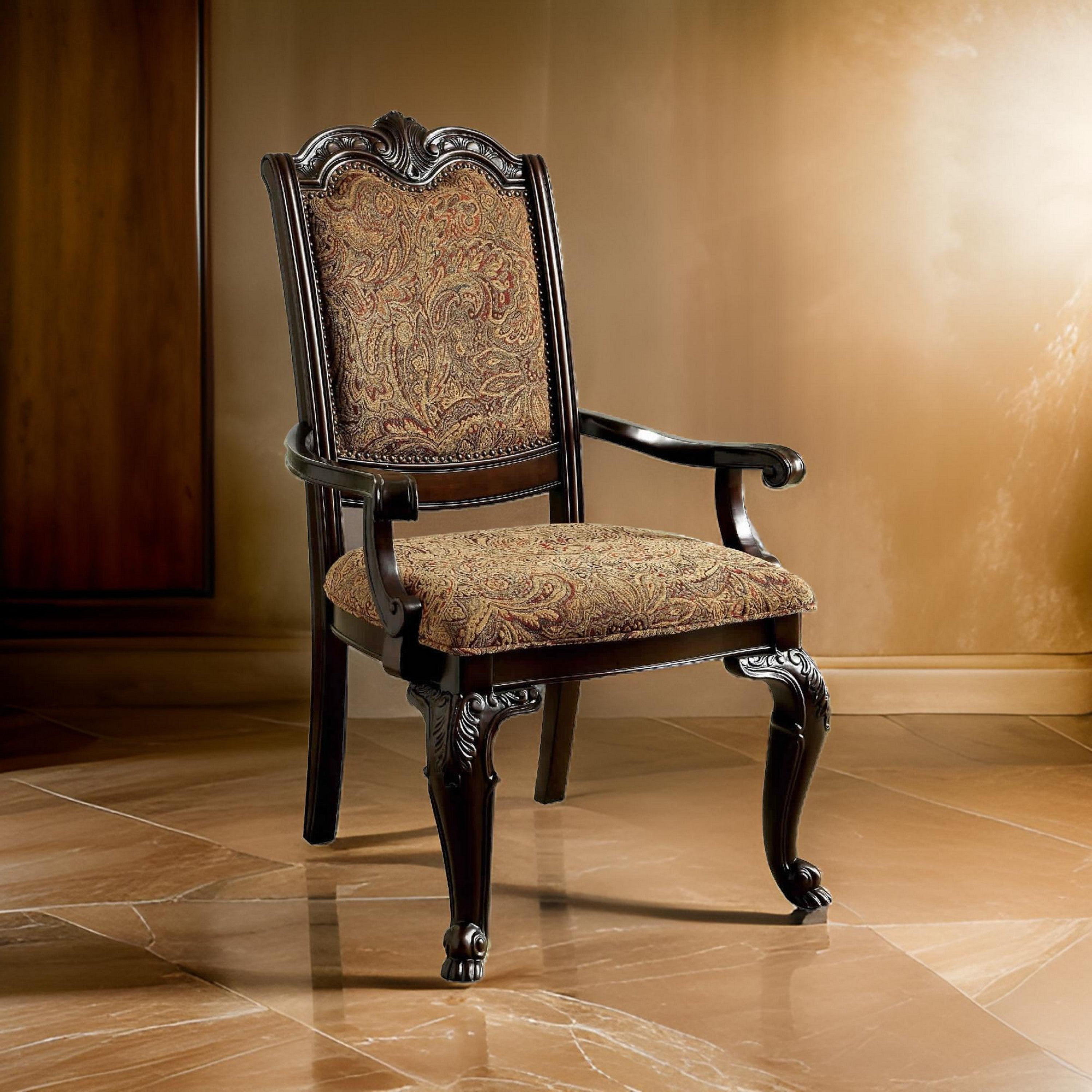 Benzara Classic Style Transitional Arm Chair, Cherry Brown