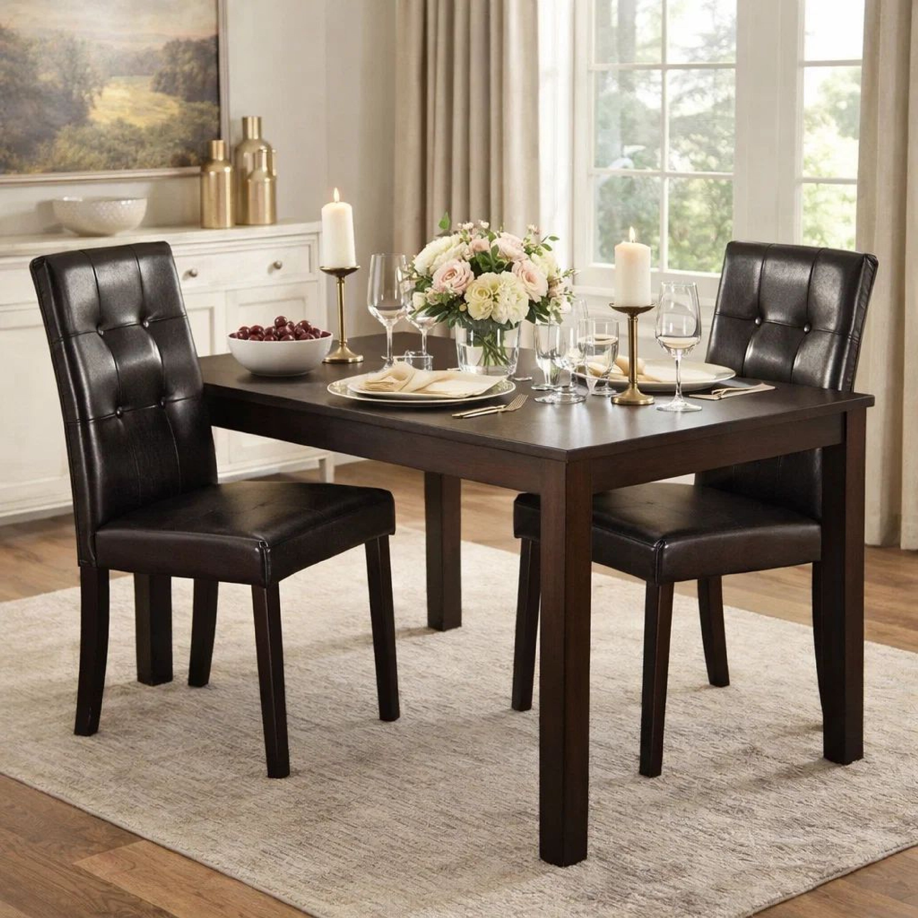 Poundex Faux Leather Dining Side Chair In Pine, Set Of 2, Dark Brown