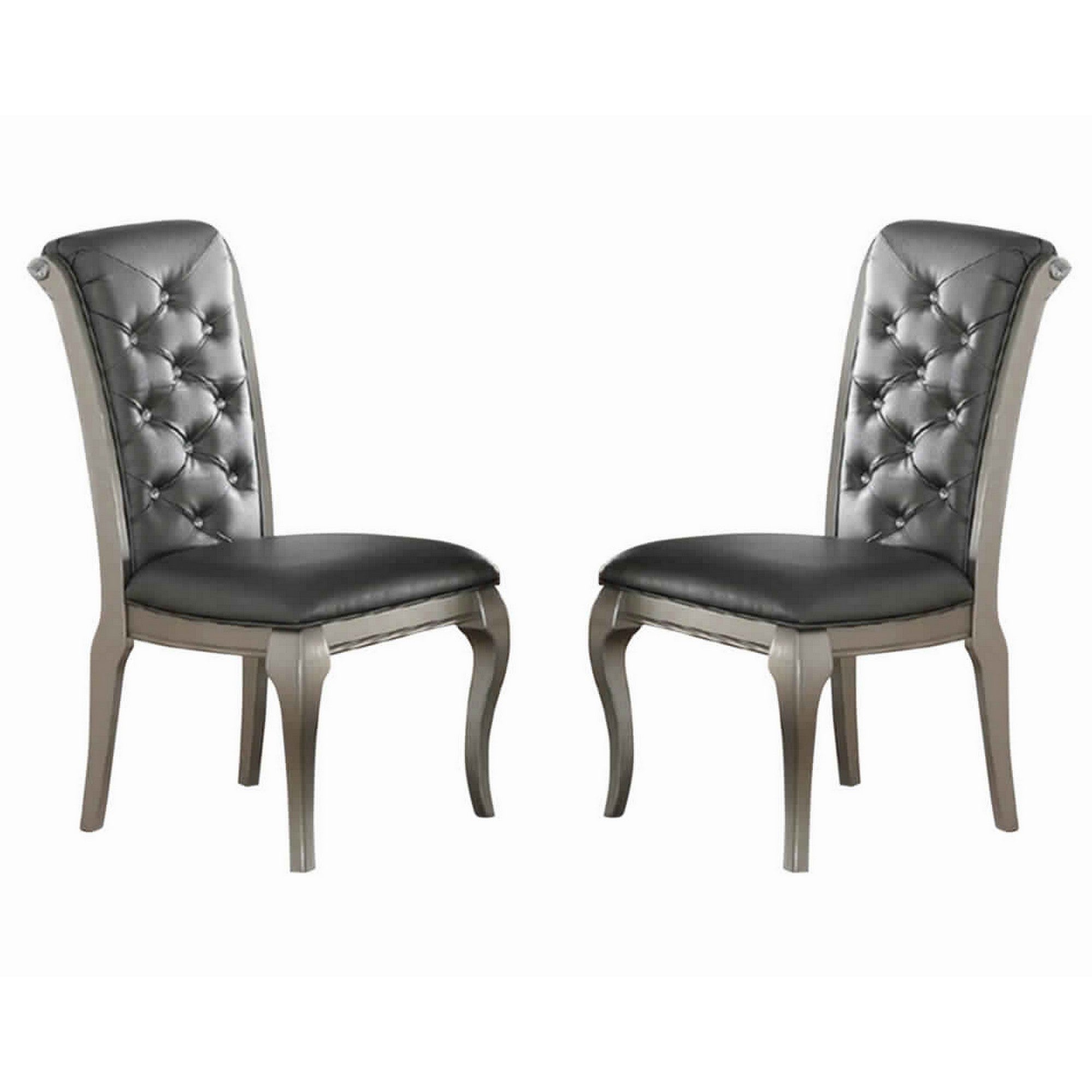 Poundex Set Of 2 Rubber Wood Dining Chair With Tufted Back, Gray And Silver