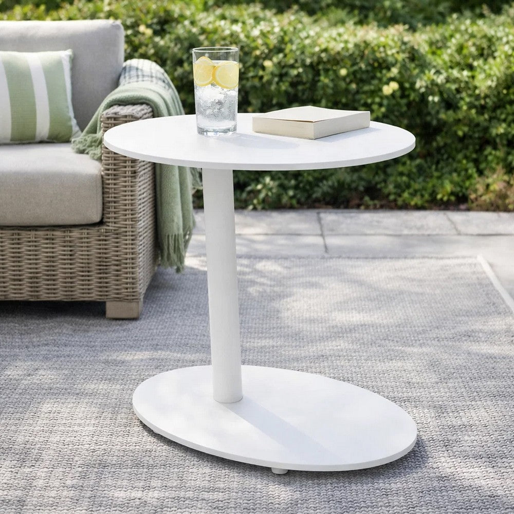 Benzara Modern Metal Outdoor Side Table With Oval Top And Base, White