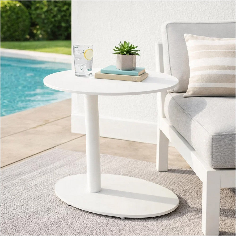 Benzara Modern Metal Outdoor Side Table With Oval Top And Base, White