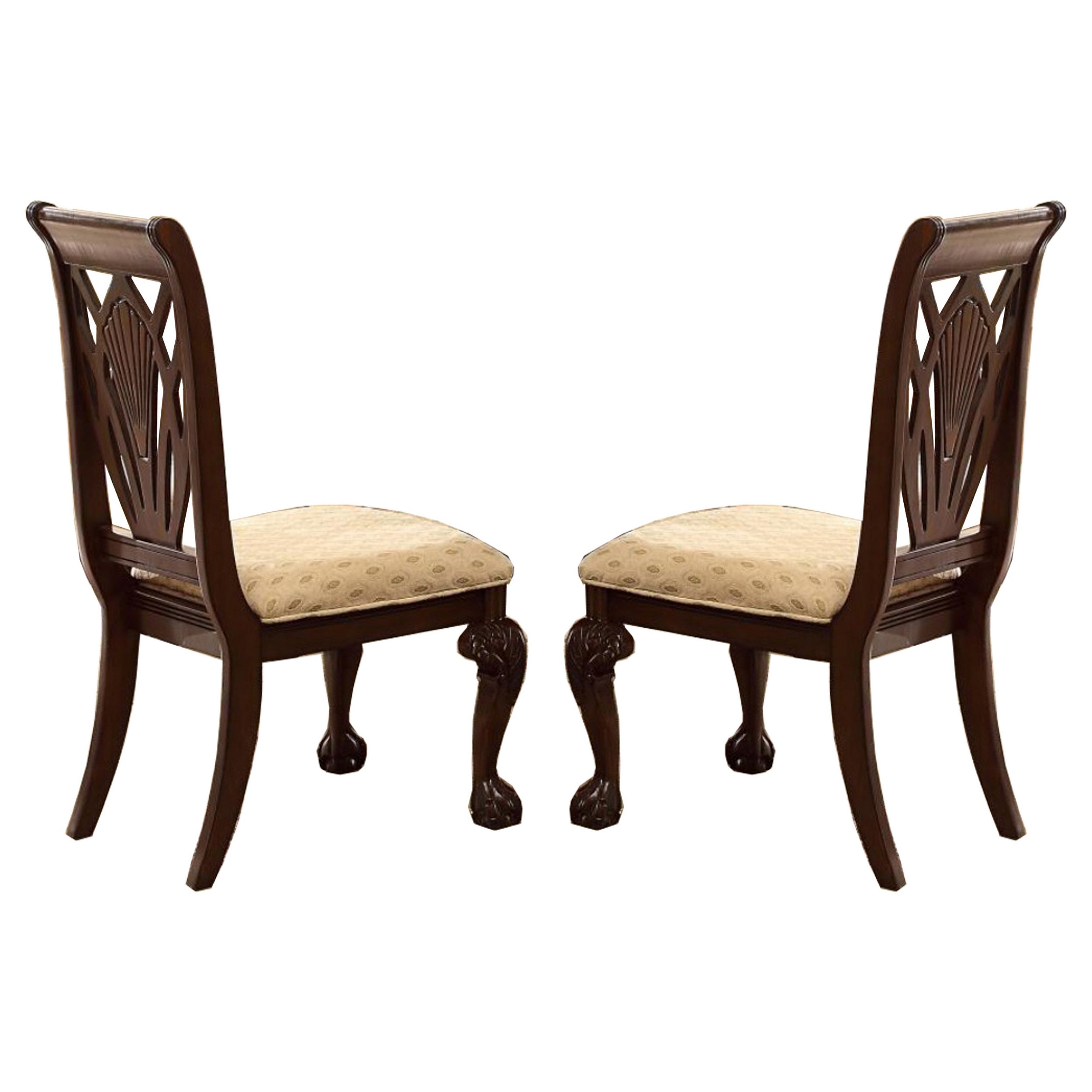 Benzara Traditional Style Wooden Fabric Side Chair With Floral Motifs, Brown, Cream, Set of 2