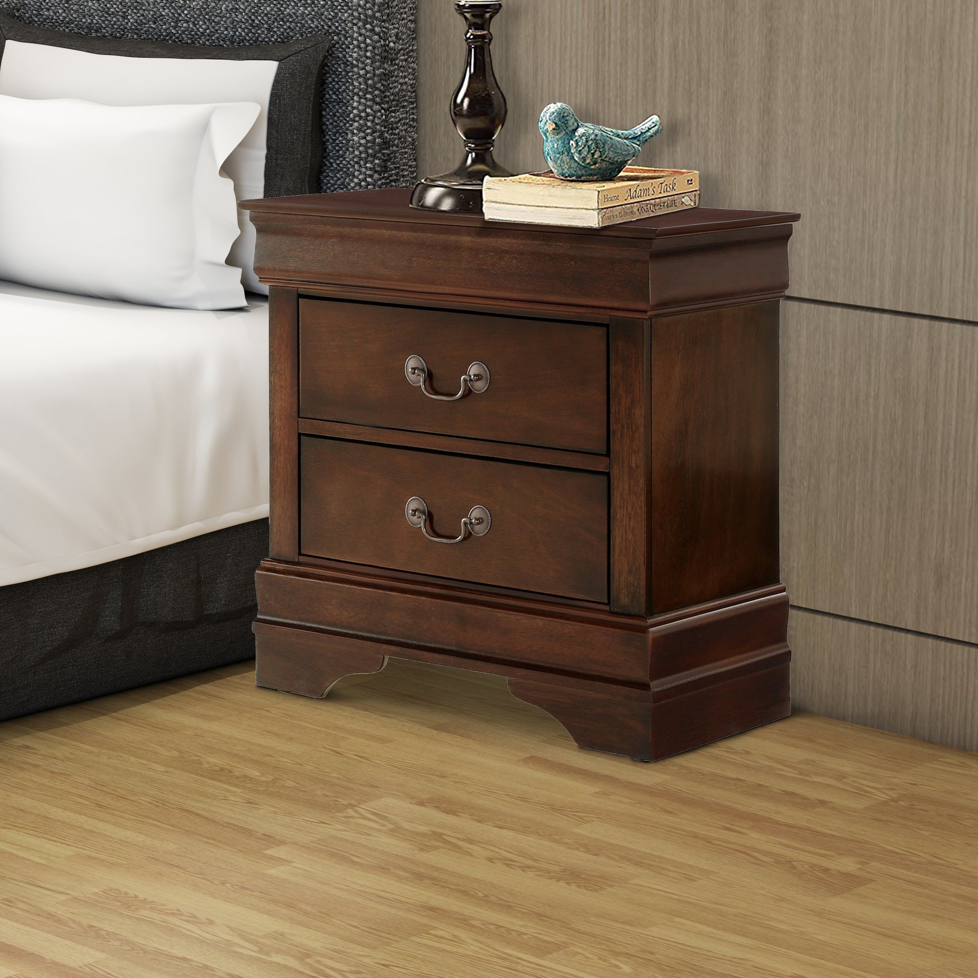 Benzara Wooden Night Stand With Curvy Handle Drawer Cherry Brown
