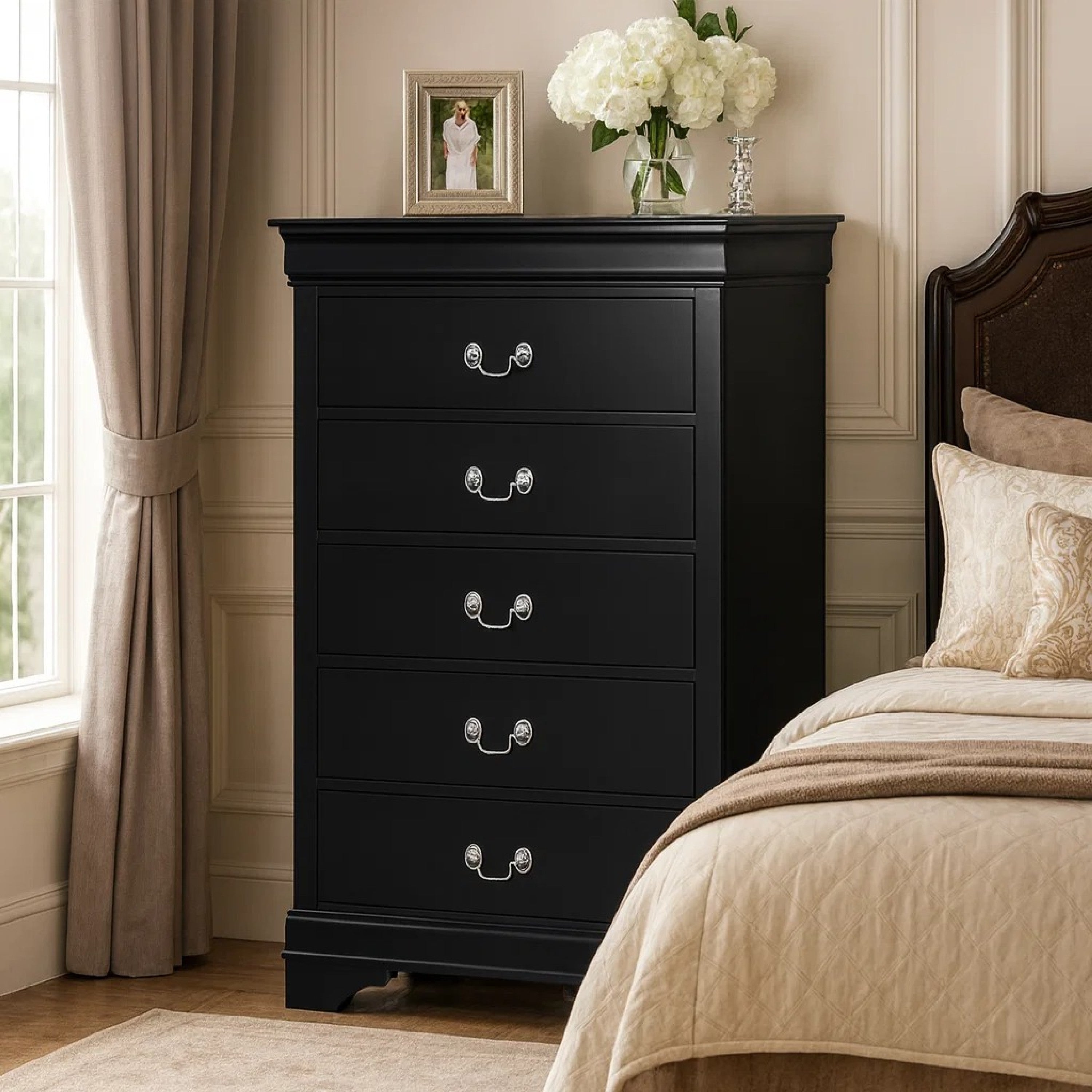 Benzara 48 Inch Wood Tall Dresser Chest, Metal Drop Handles, Black