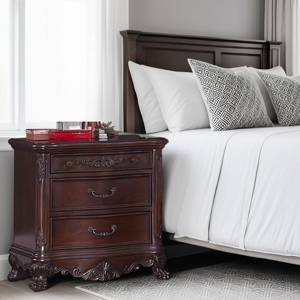 Benzara Wooden Night Stand With Intricate Carvings Cherry Brown