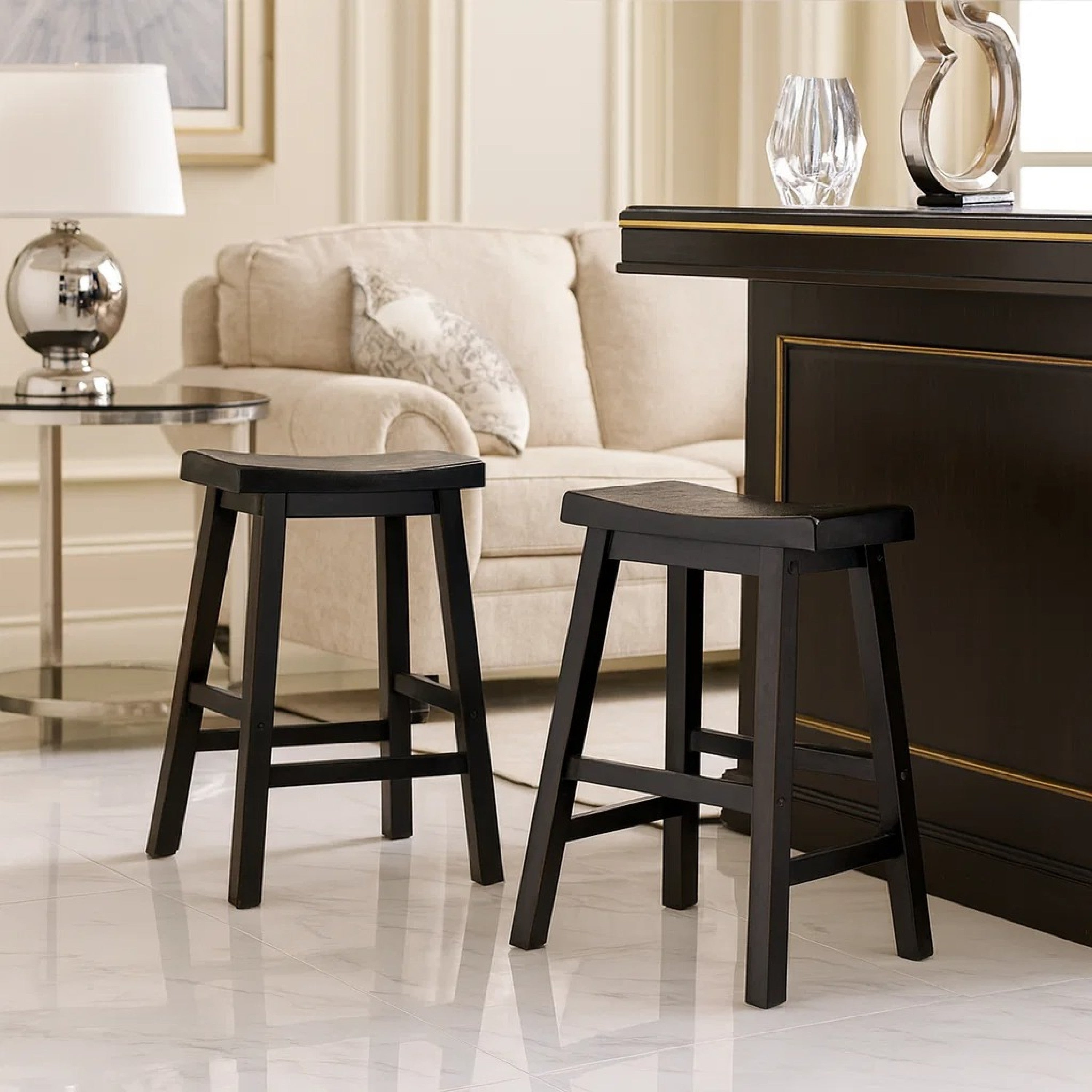 Benzara Wooden 24" Counter Height Stool with Saddle Seat, Black, Set of 2