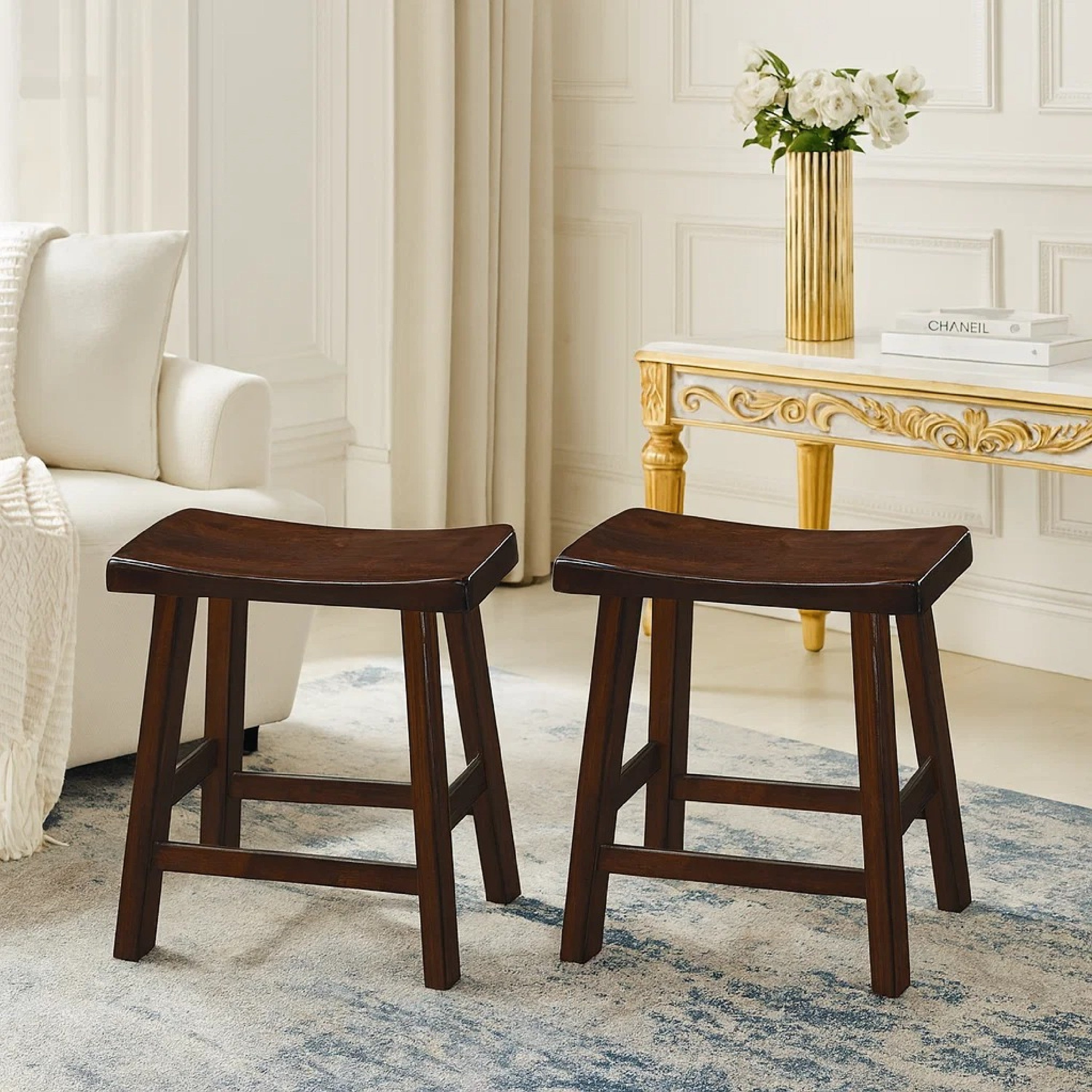 Benzara Wooden 18" Counter Height Stool with Saddle Seat, Distressed Cherry, Set Of 2