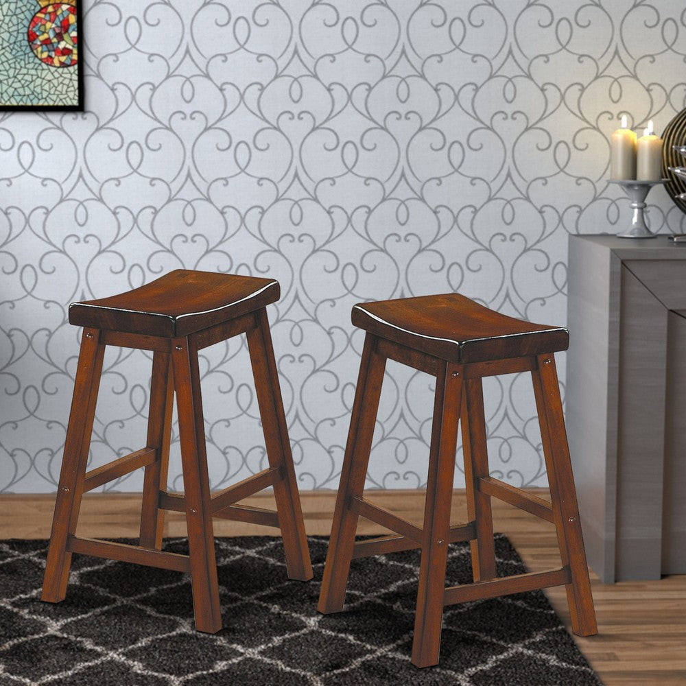 Benzara 24" Counter Height Stool with Saddle Seat, Distressed Cherry Brown, Set Of 2