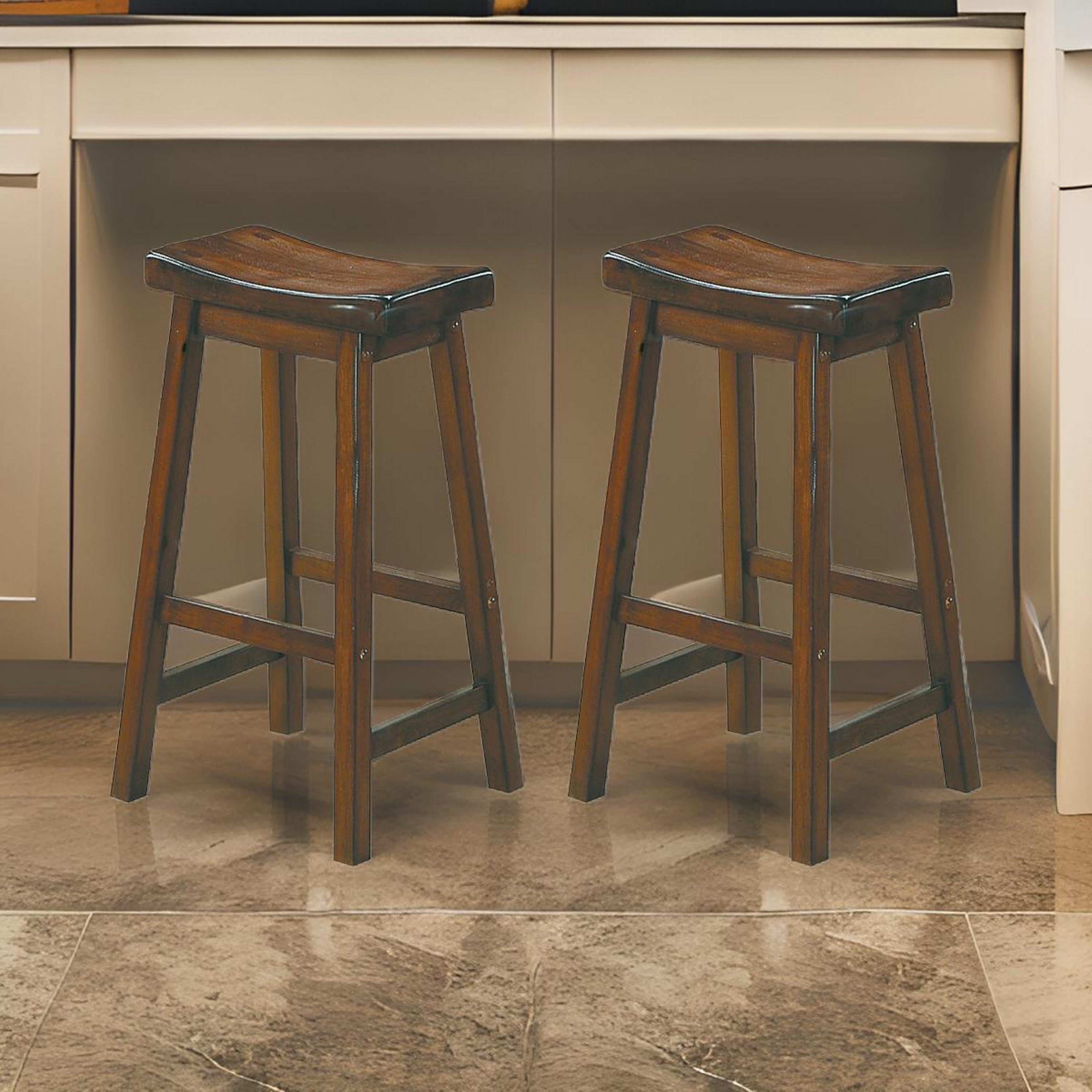 Benzara Wooden 29" Counter Height Stool with Saddle Seat, Distressed Cherry, Set Of 2