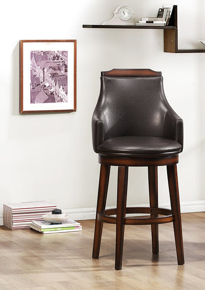 Benzara Bar Height Chair, Set of 2, Dark Brown Faux Leather, Wood Legs