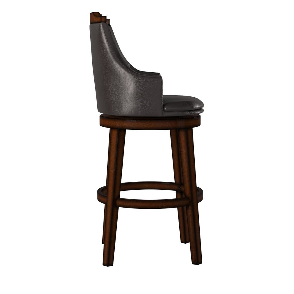 Benzara Bar Height Chair, Set of 2, Dark Brown Faux Leather, Wood Legs