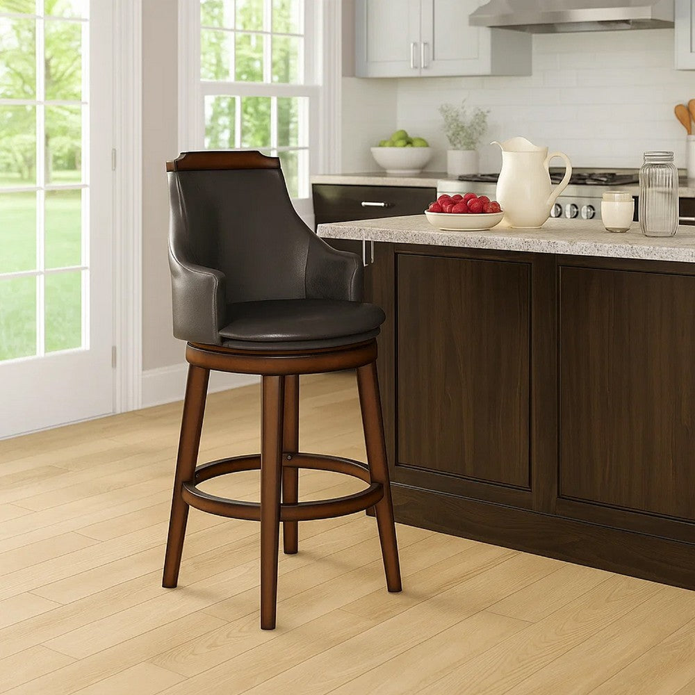 Benzara Bar Height Chair, Set of 2, Dark Brown Faux Leather, Wood Legs