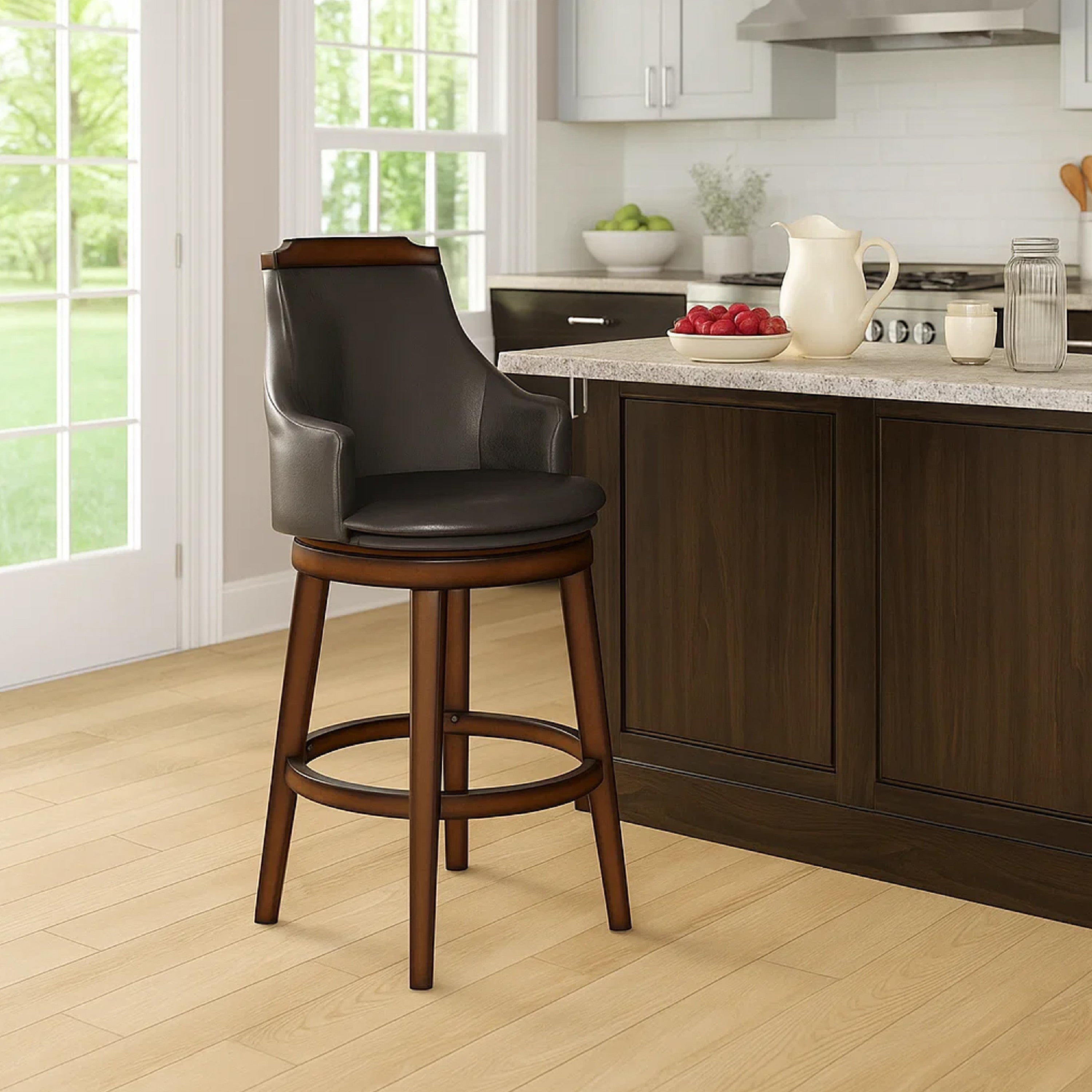 Benzara Bar Height Chair, Set of 2, Dark Brown Faux Leather, Wood Legs