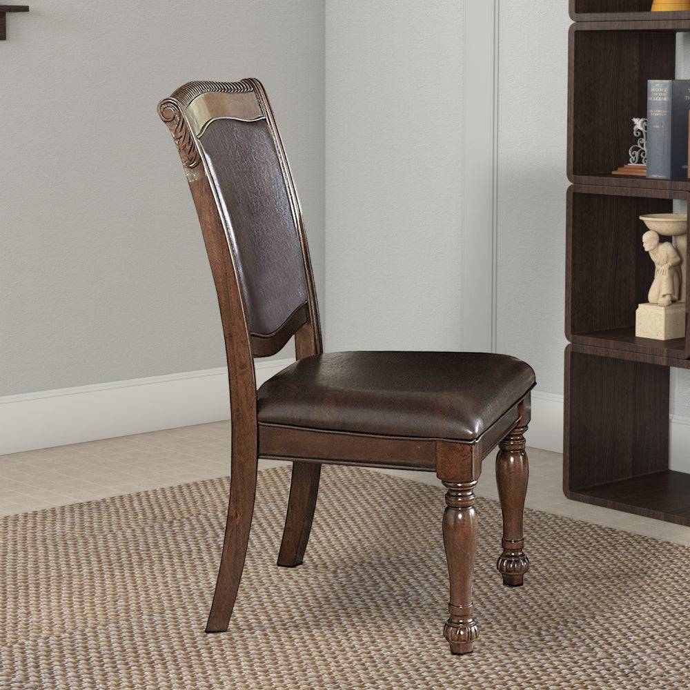 Benzara Wood & Leather Dining Side Chair, Cherry Brown & Dark Brown, Set of 2